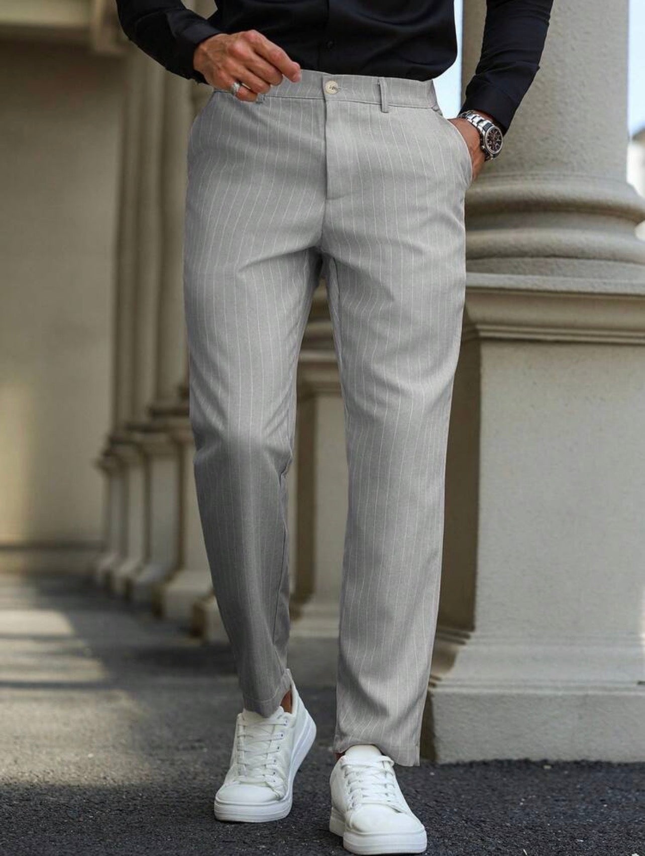 Men’s Striped Tapered Loose Fit Suit Pants with Pockets – Casual Formal Trousers