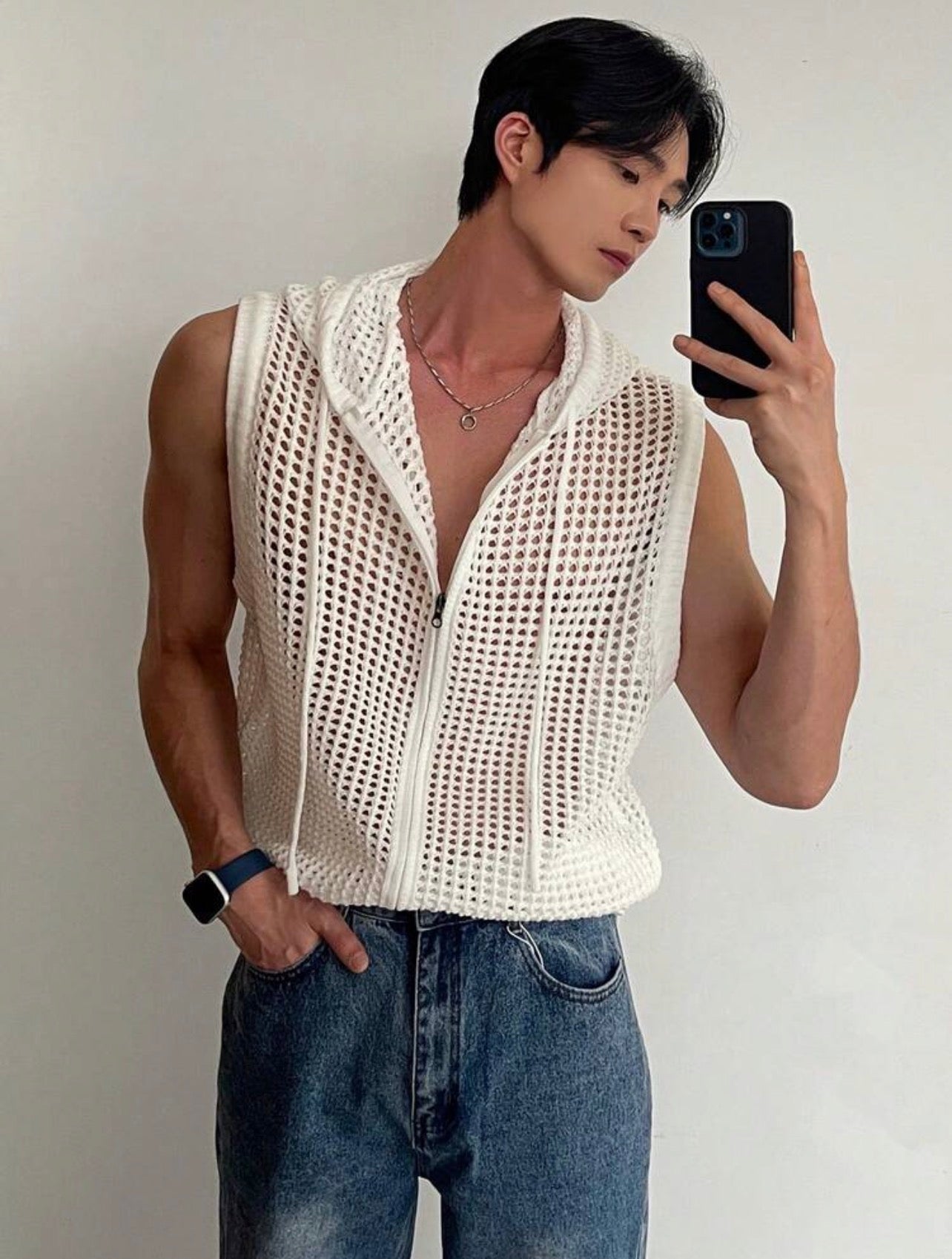 Men’s Perforated Hooded Cardigan Jacket – Casual Summer Outerwear