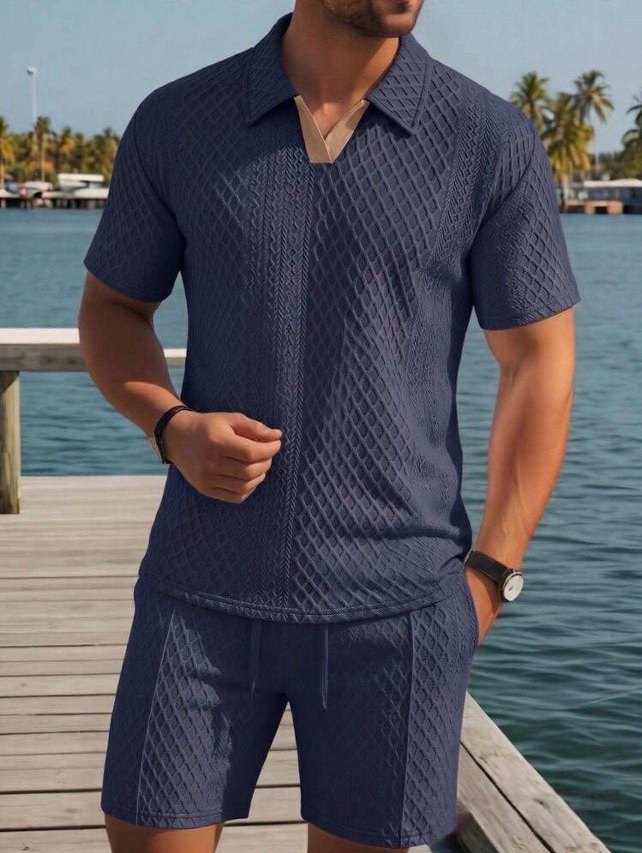 Men’s Polo Collar Short Sleeve Shirt & Shorts Two-Piece Resort Set – Casual Summer Outfit
