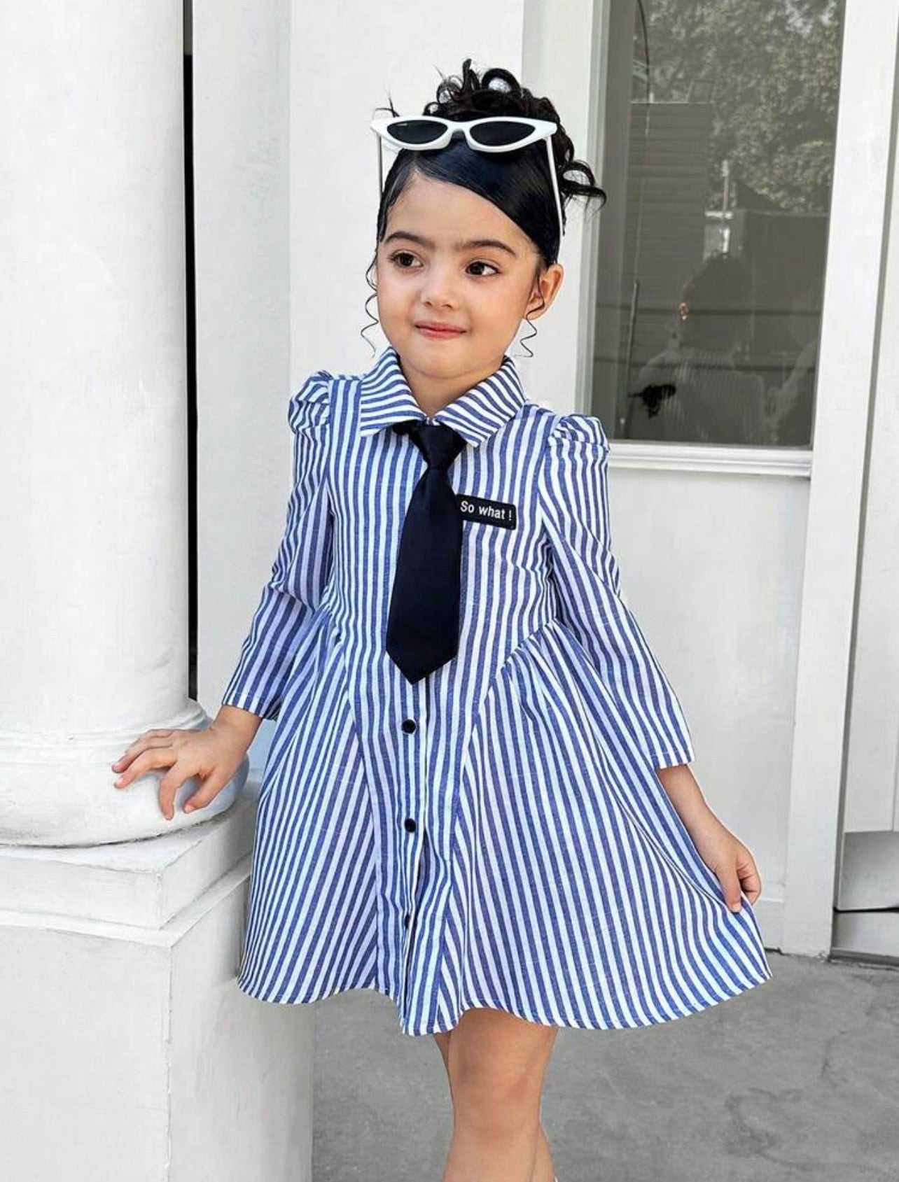 Girls & Mom Matching Striped Collar Belted Long Sleeve Dress for Casual Wear