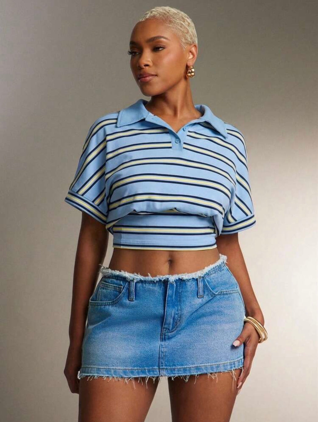 Women’s Cinched Waist Striped Polo Collar Top – Fashion Casual Shirt