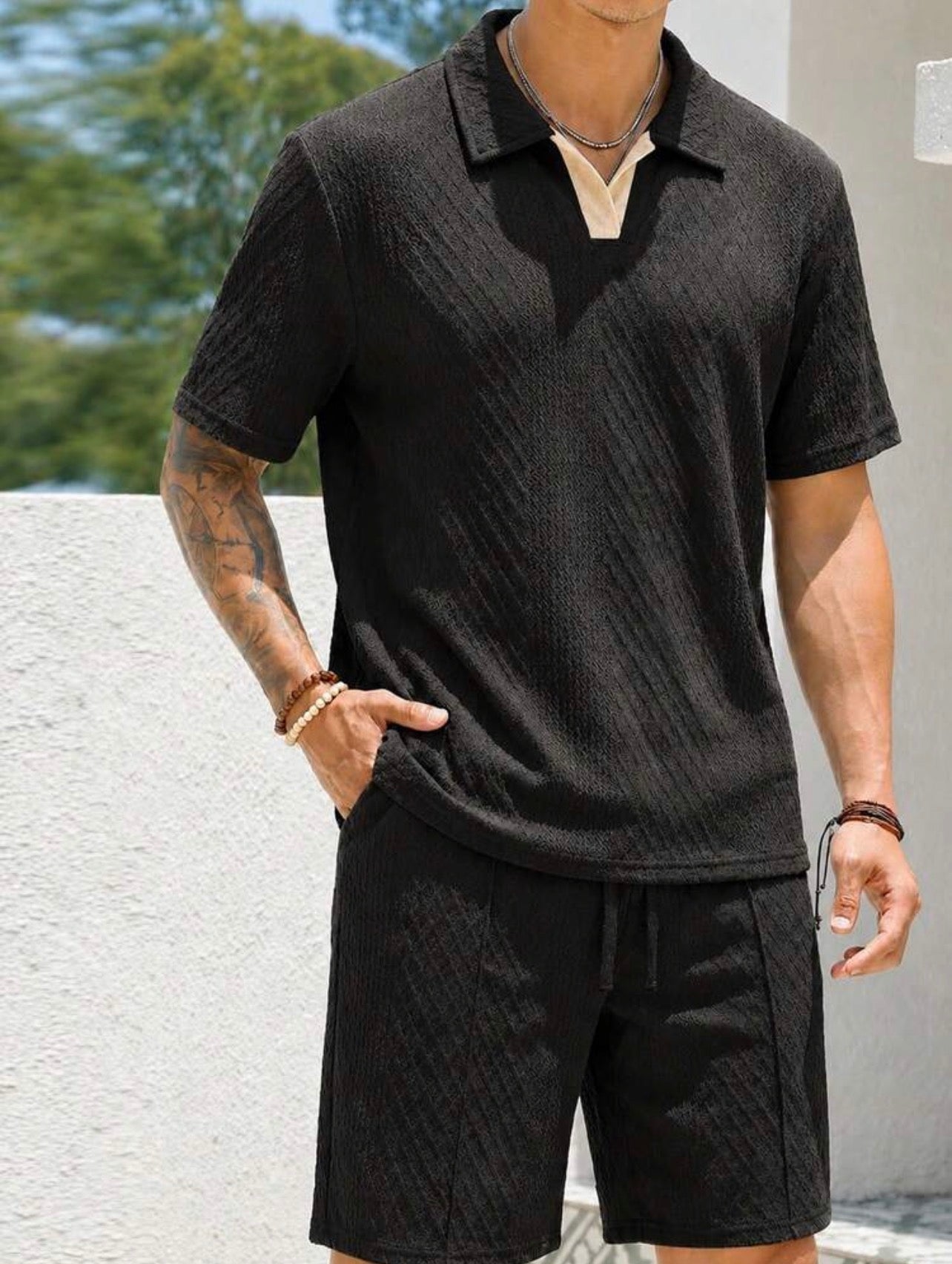 Men’s Polo Collar Short Sleeve Shirt & Shorts Two-Piece Resort Set – Casual Summer Outfit