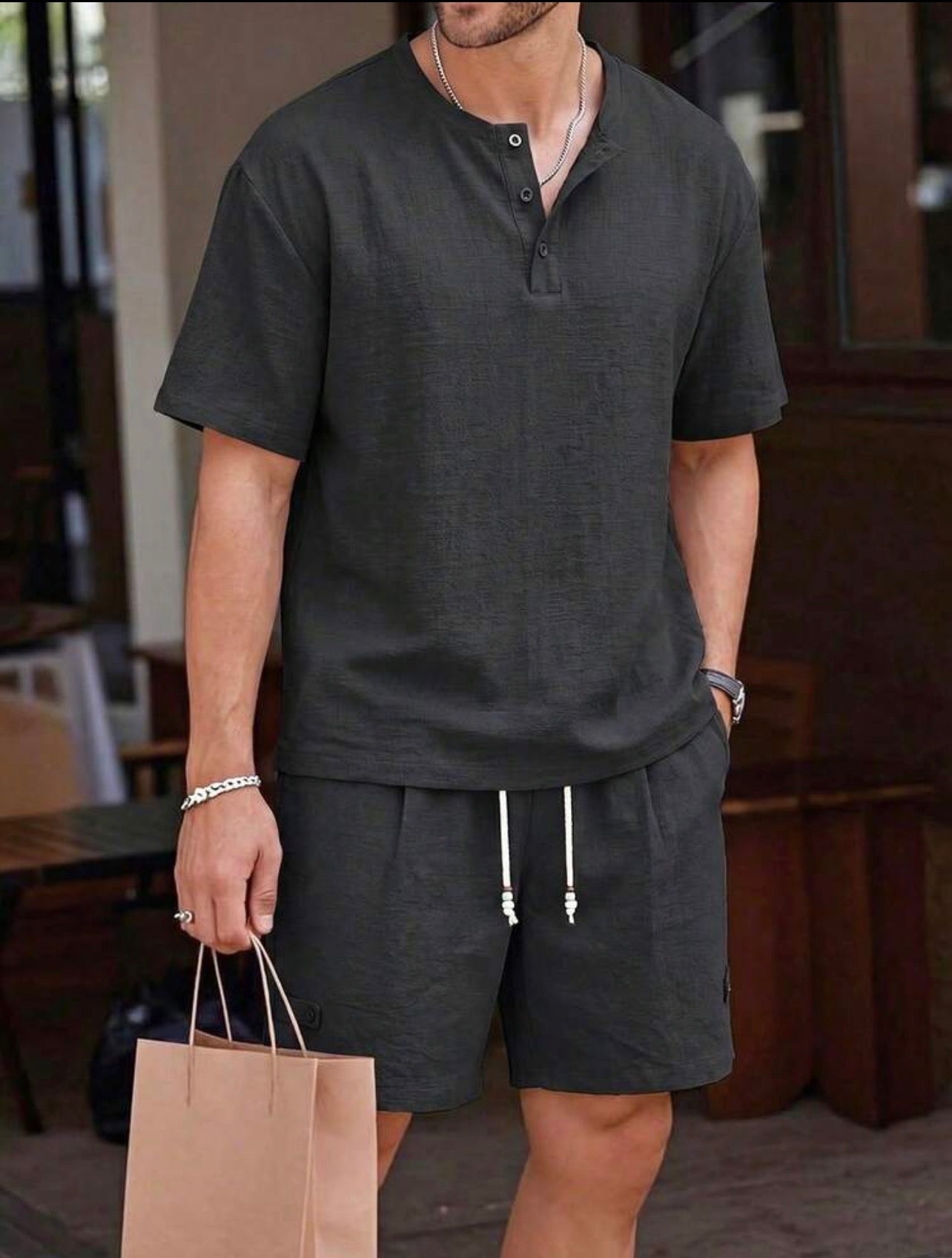 Men’s Linen-Look Henley Neck Polo Shirt & Shorts Two-Piece Set – Casual Summer Outfit