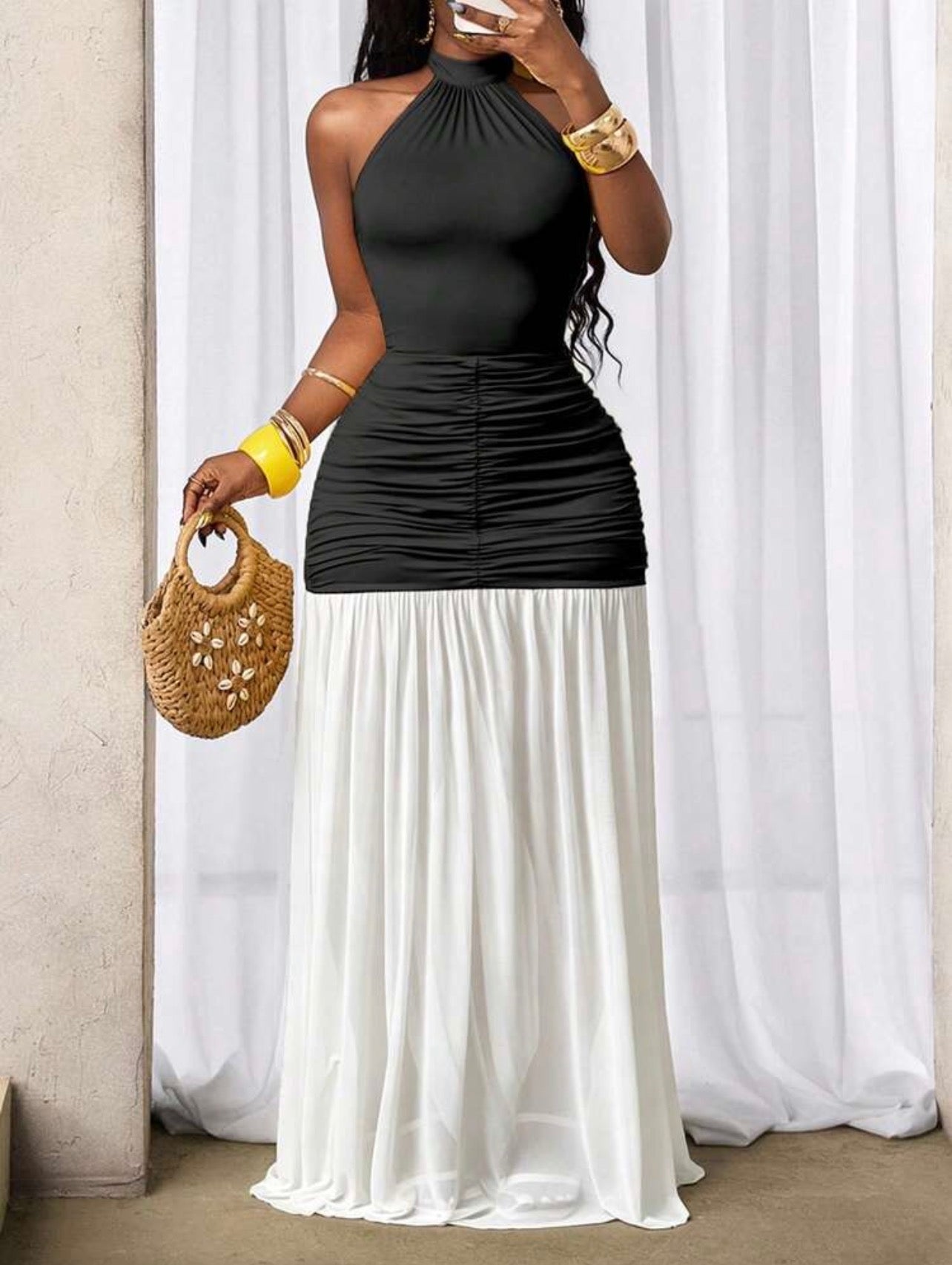 Women’s Pleated Halter Neck Tie Elegant Dress