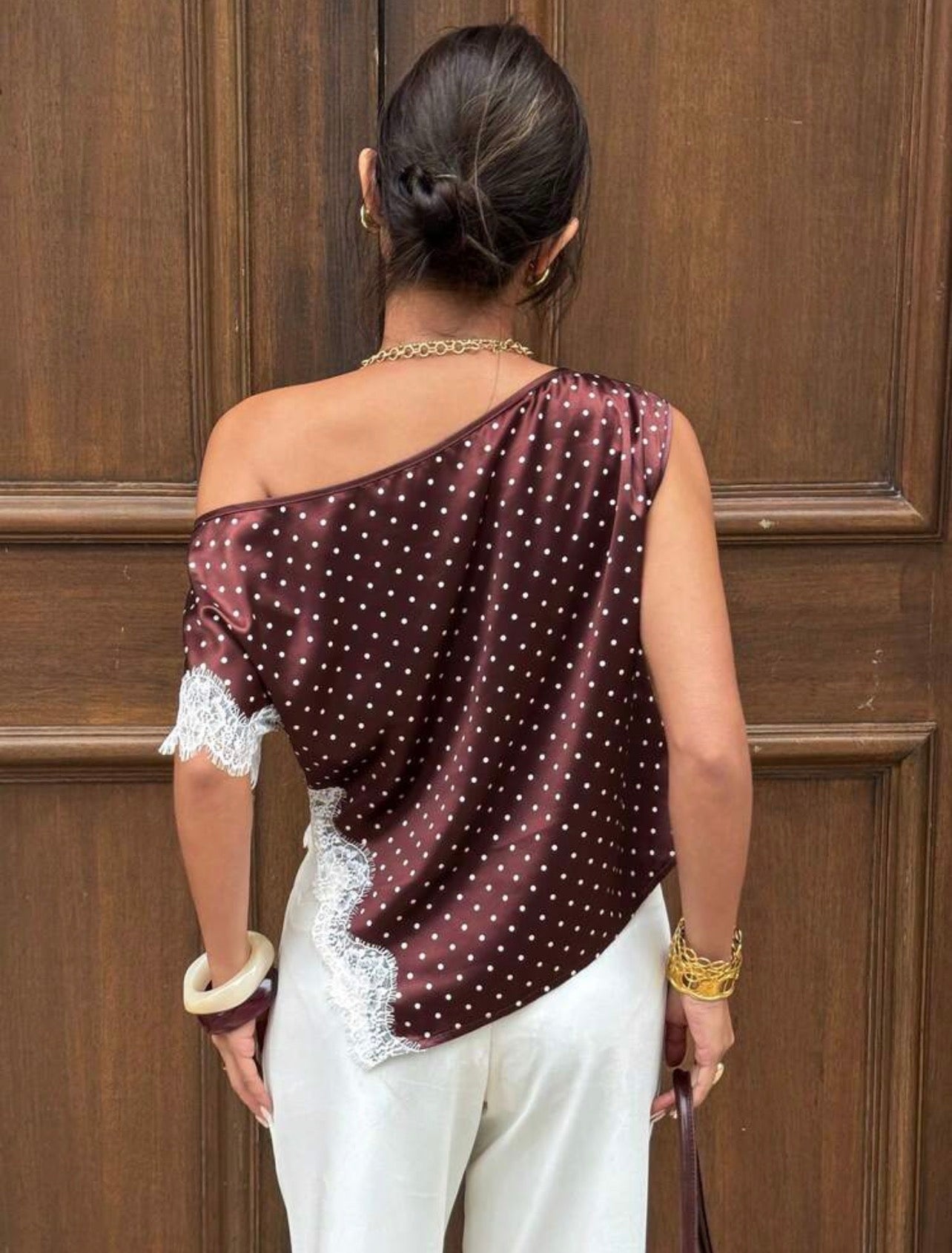 Elegant Satin Lace-Trim One-Shoulder Sleeveless Blouse for Women