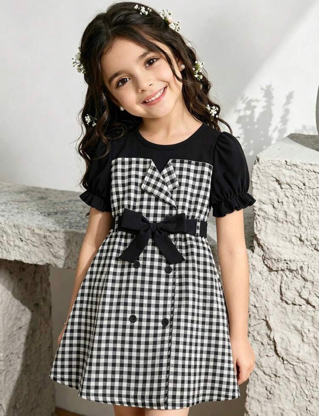 Girls Contrast Color Petal Sleeve Bow Detail A-Line Dress for Parties & Casual Wear