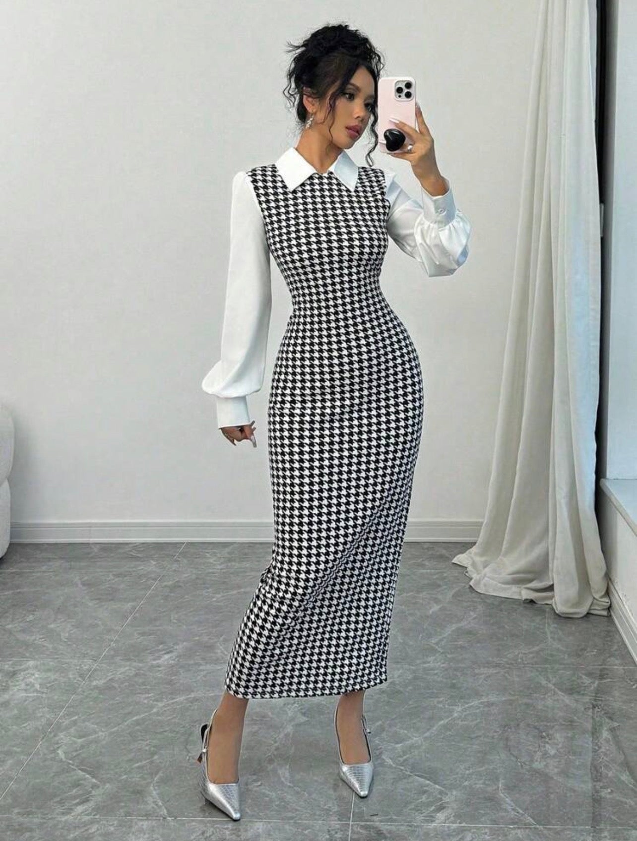 Women’s Houndstooth Patchwork Puff Sleeve Collar Slim Fit Maxi Dress – Elegant Autumn/Winter Style