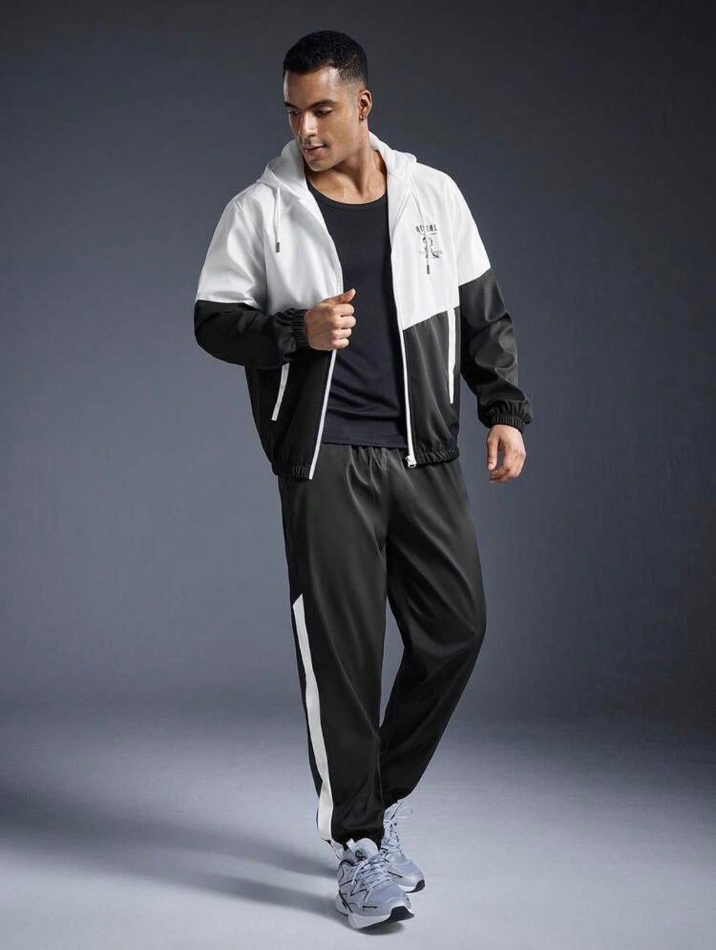 Men’s Contrast Color Splice Hooded Tracksuit Set – Two-Piece Athleisure Sportswear Outfit