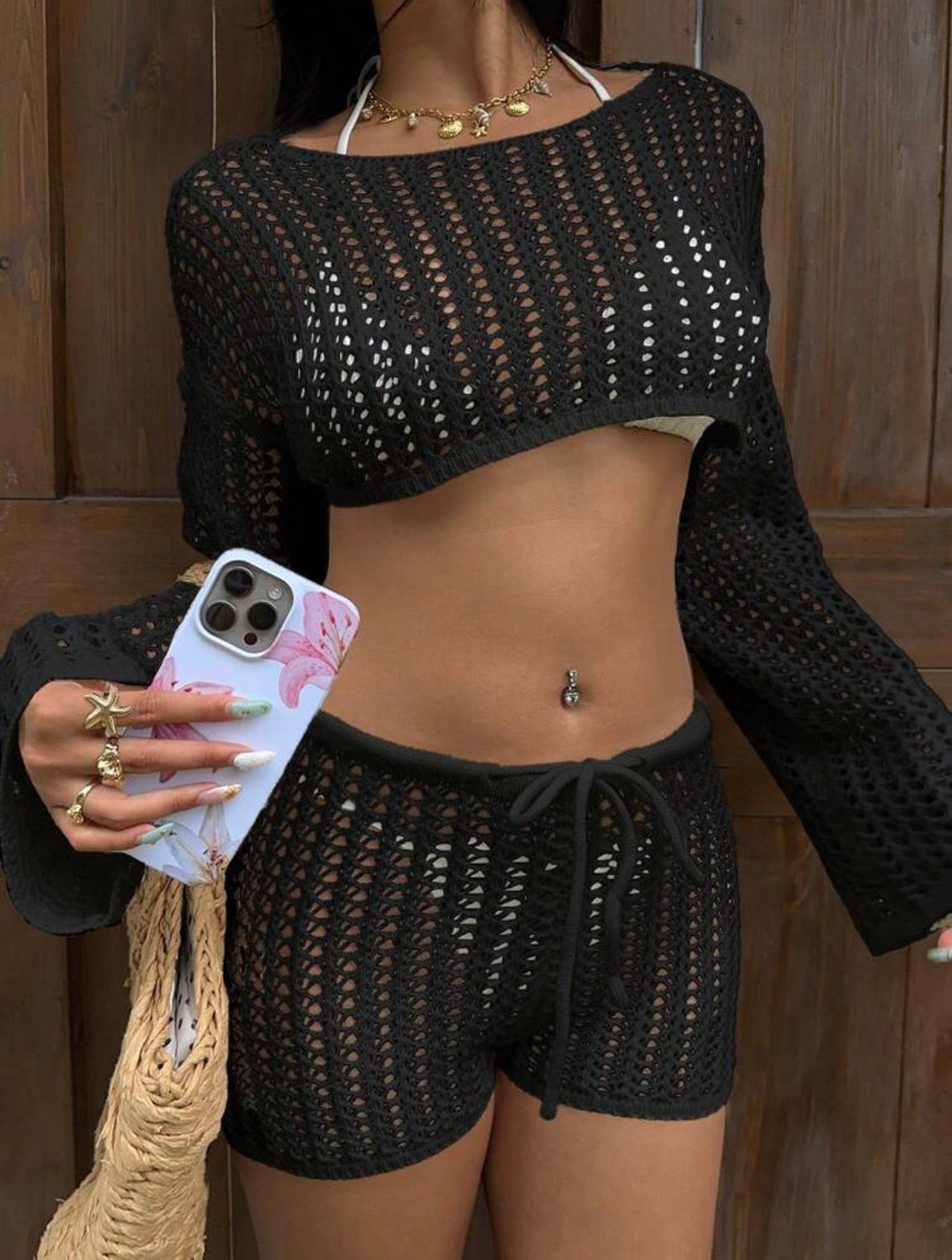 Women’s Summer Hollow Knit Sweater & Shorts Two-Piece Set