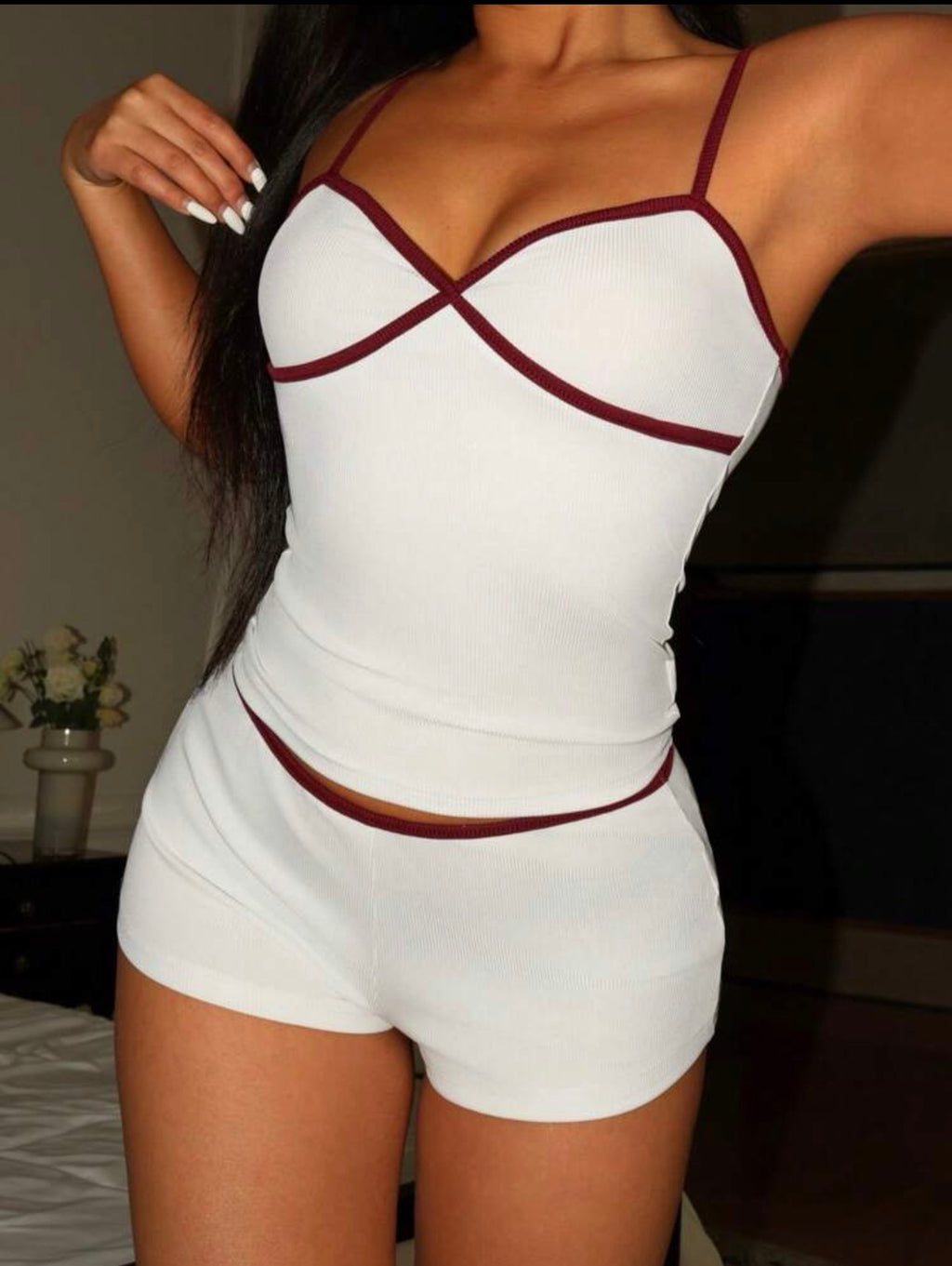 Women’s Contrast Trim Camisole & Shorts Lounge Set – Summer Pajama Set