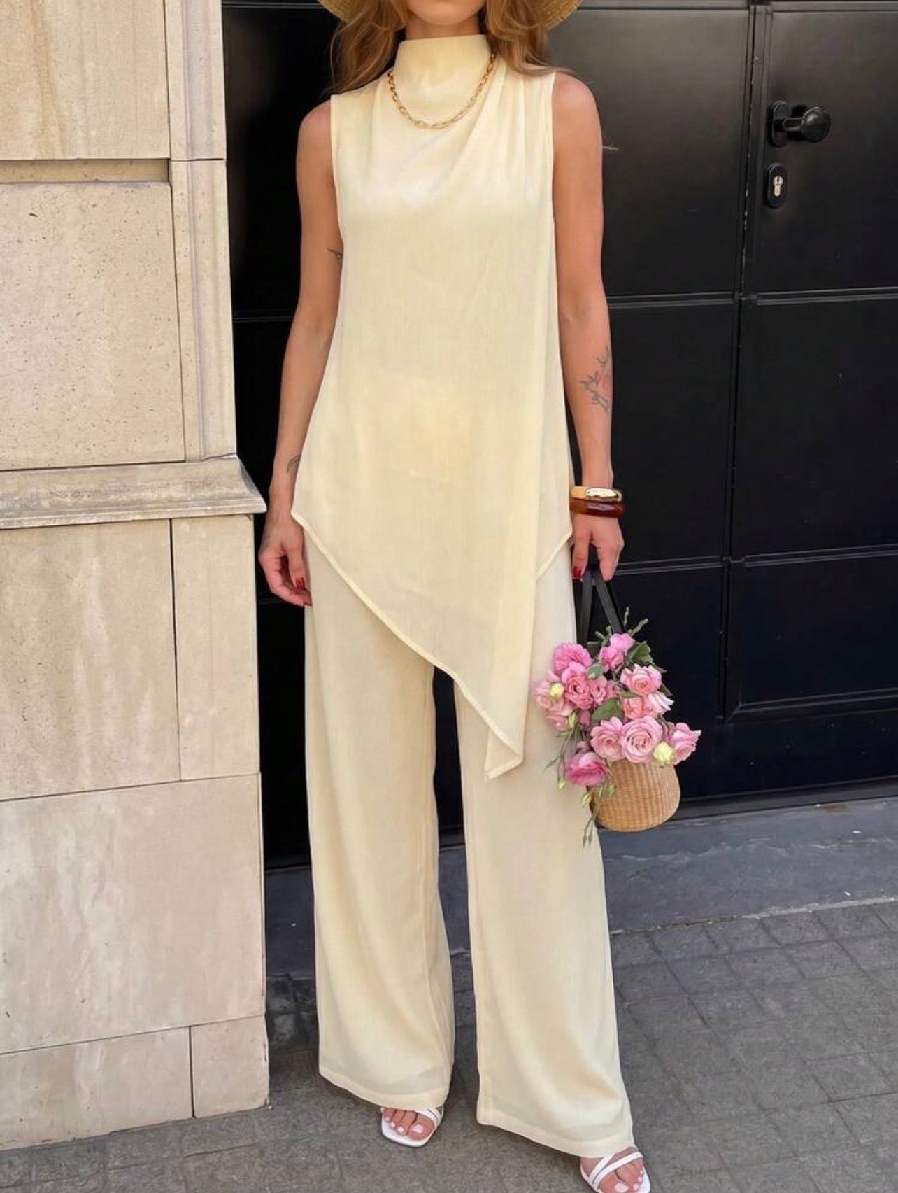 Women’s Satin Sleeveless Pleated Collar Blouse & Straight Leg Pants Elegant Two-Piece Set
