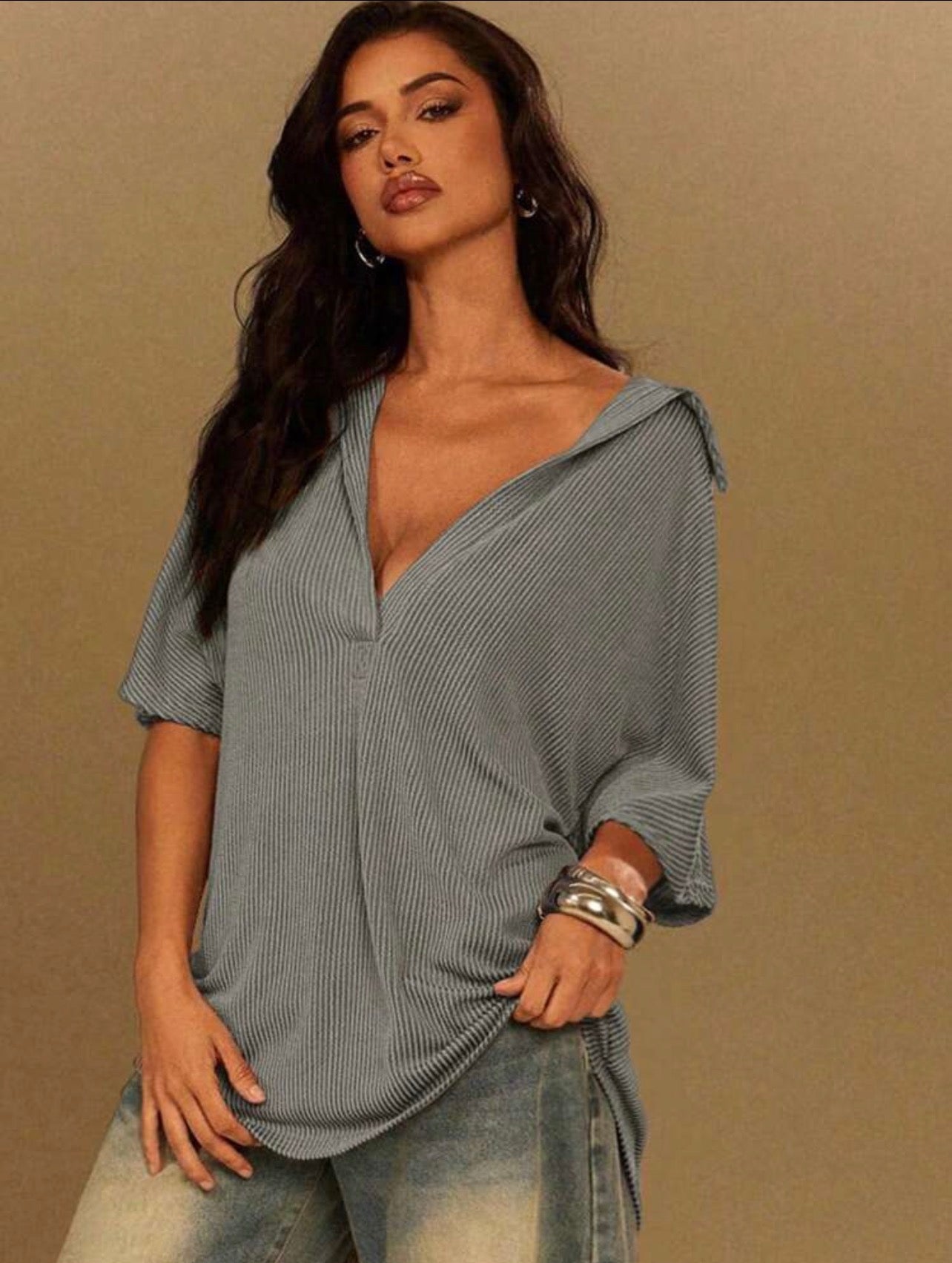 Women’s Plunge Neck Collared Oversized Short Sleeve Top – Casual Fashion Wear