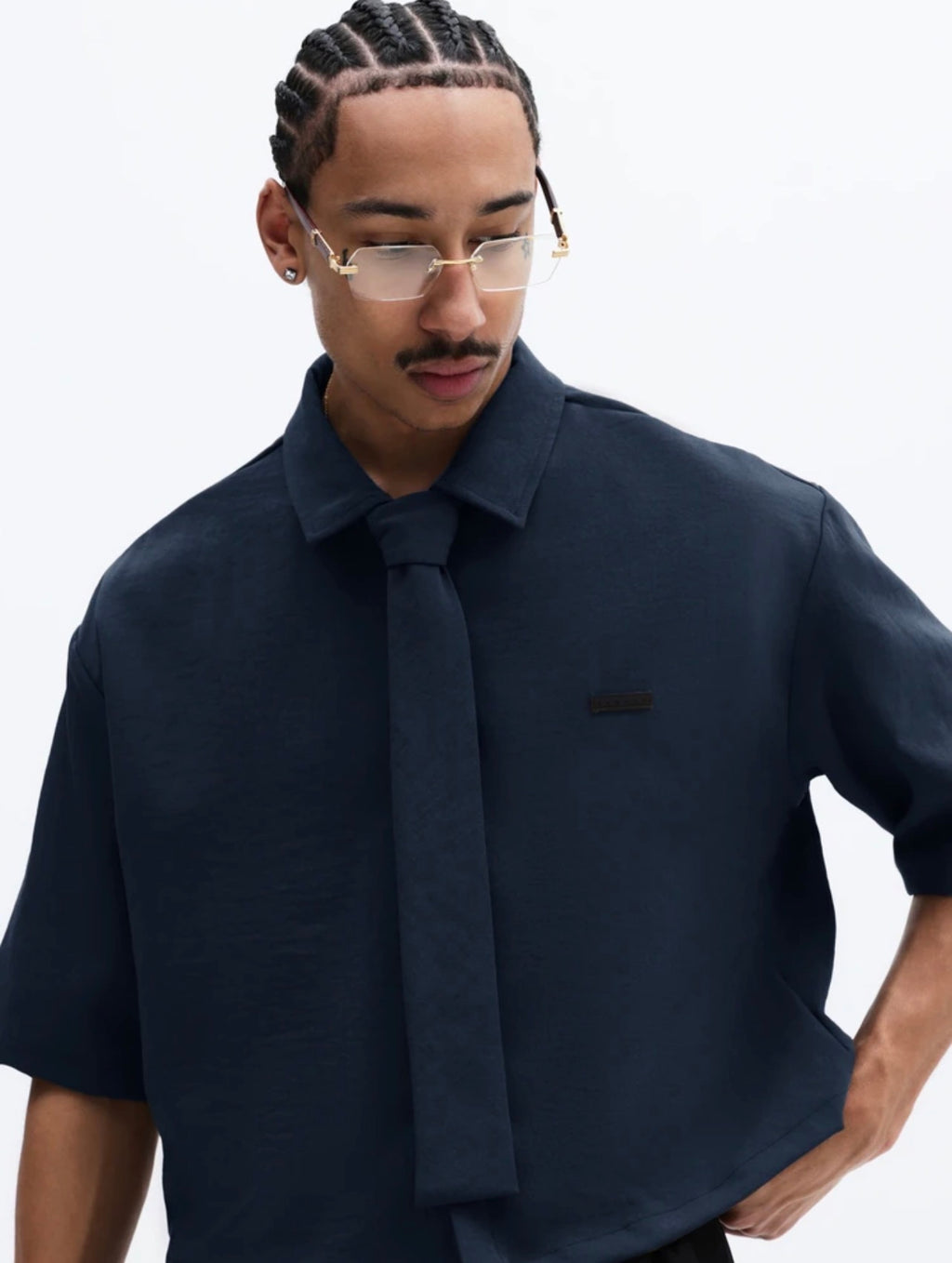 Men’s Cropped Button-Down Short Sleeve Shirt with Tie Detail – Casual Business Top