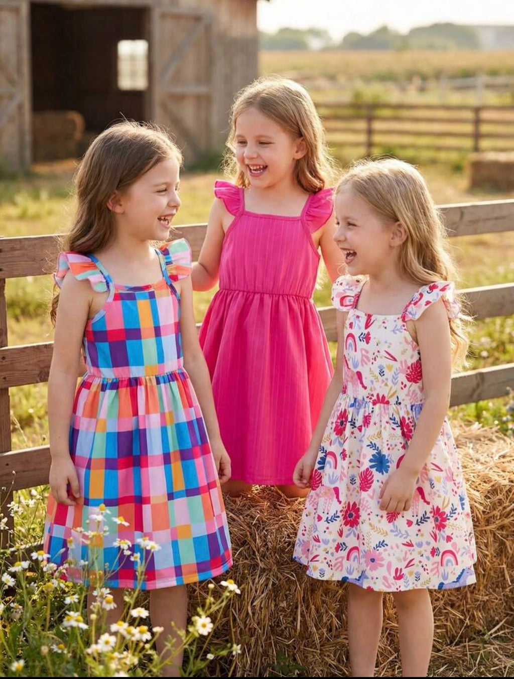 3-Piece Girls Floral & Striped Ruffle Cuff Square Collar Dress Set for Summer