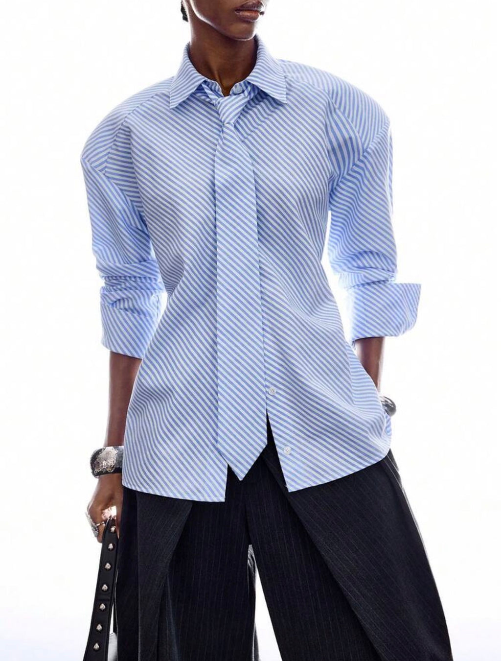 Women’s Minimalist Blue Striped Button-Front Long Sleeve Shirt – Casual Commuter Blouse