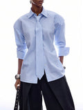 Women’s Minimalist Blue Striped Button-Front Long Sleeve Shirt – Casual Commuter Blouse