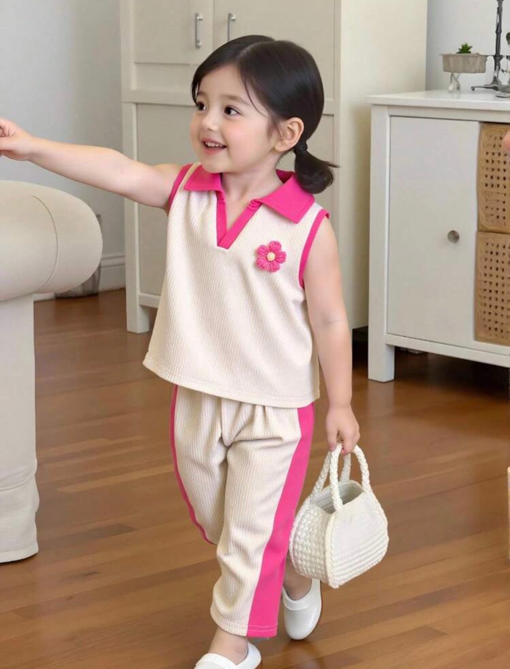 Girls Strawberry Embroidered White Collar Top & Pink Flared Pants Casual Outfit