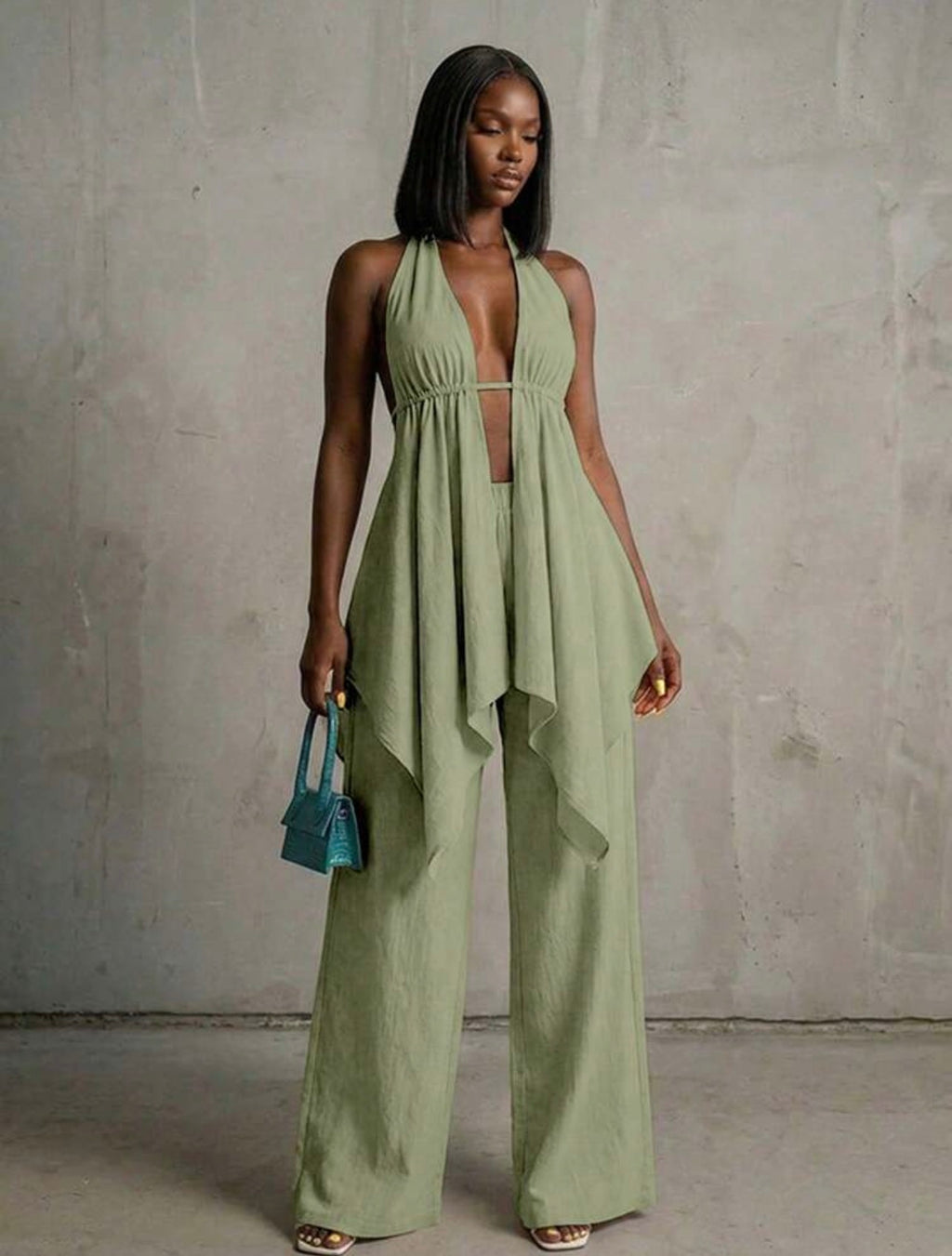 Women’s Bohemian Halter Backless Flowy Top & Wide Leg Pants Casual Vacation Set