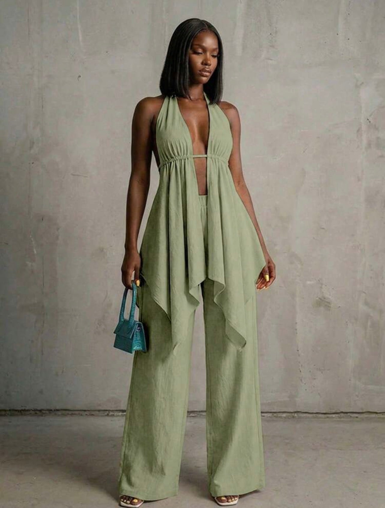 Women’s Bohemian Halter Backless Flowy Top & Wide Leg Pants Casual Vacation Set
