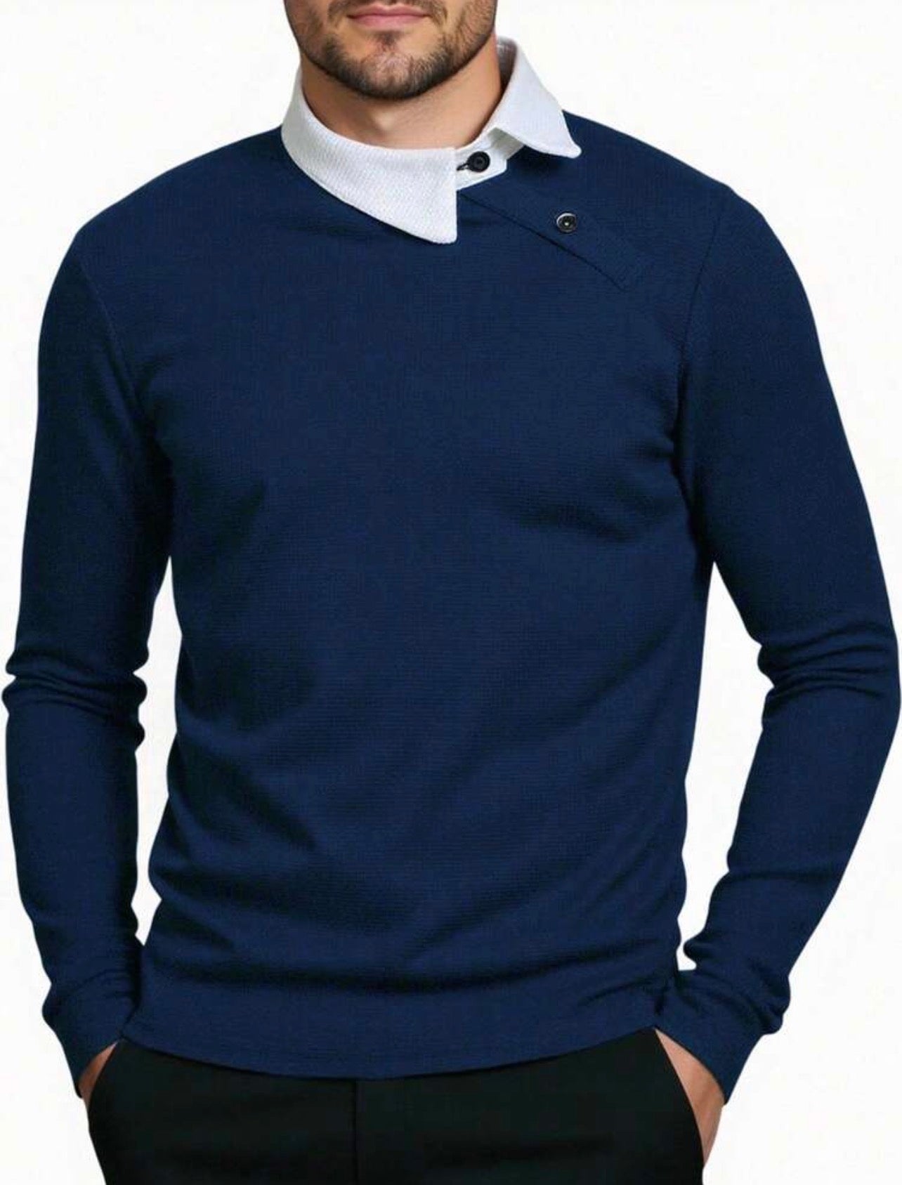 Men’s Contrast Color Long Sleeve Buttoned Knitted Polo Shirt – Casual Business Top
