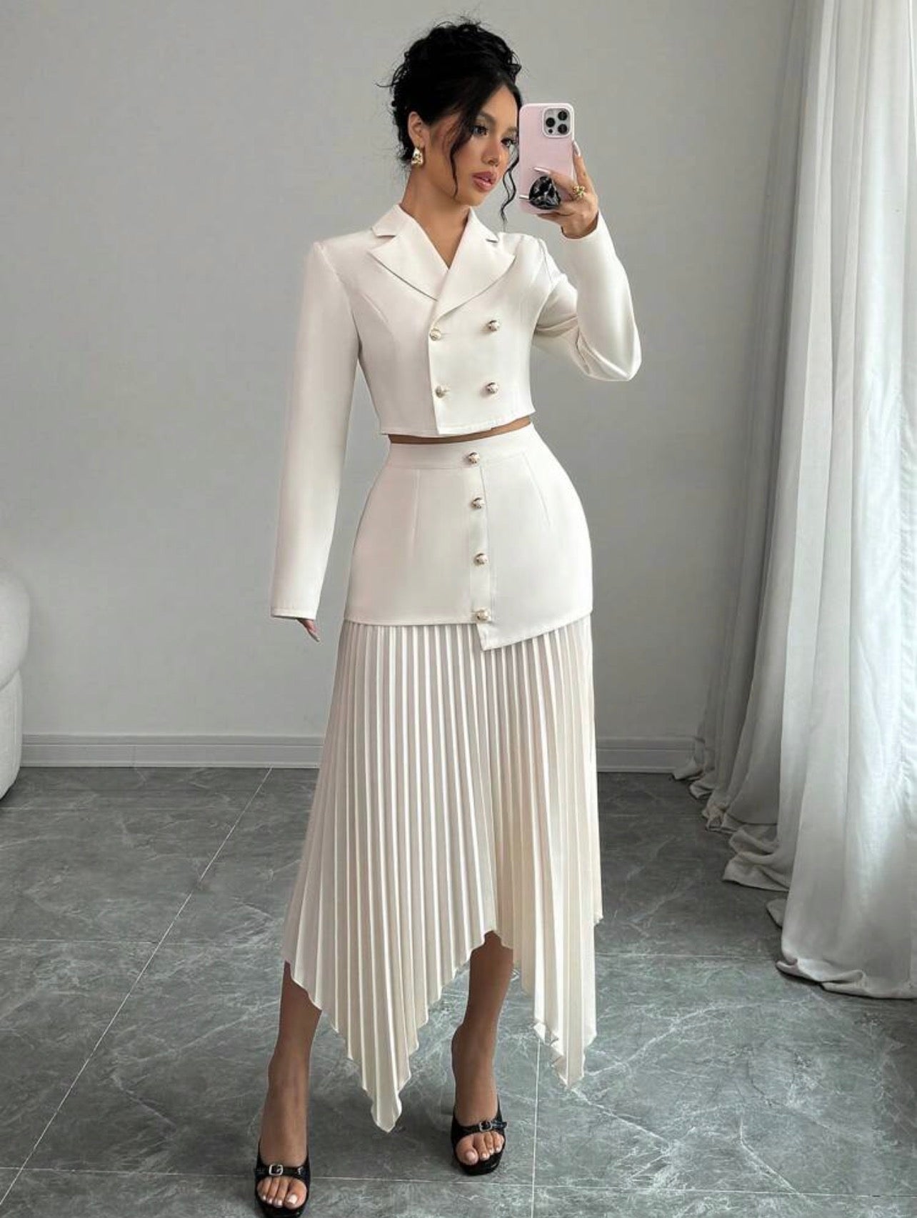 Women’s Blazer Collar Button-Up Gathered Waist Pleated Asymmetrical Two-Piece Elegant Set