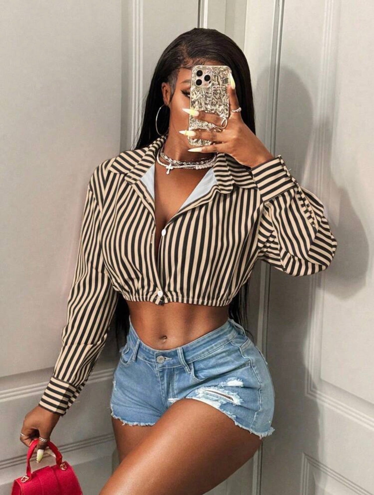 Women’s Striped Single-Breasted Cropped Long Sleeve Shirt – Casual Fashion Top
