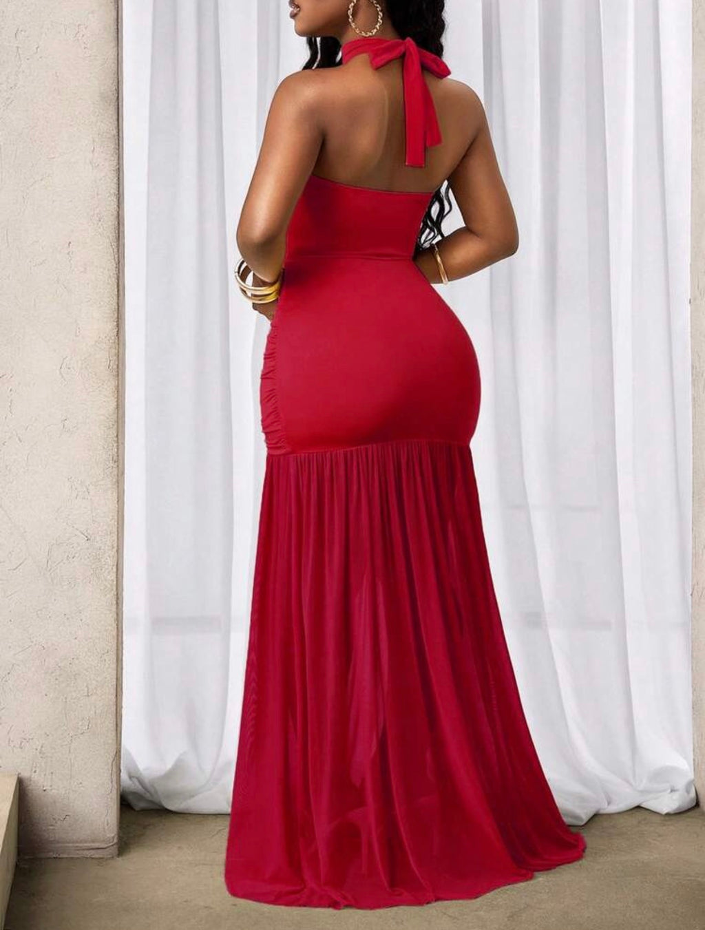 Women’s Pleated Halter Neck Tie Elegant Dress