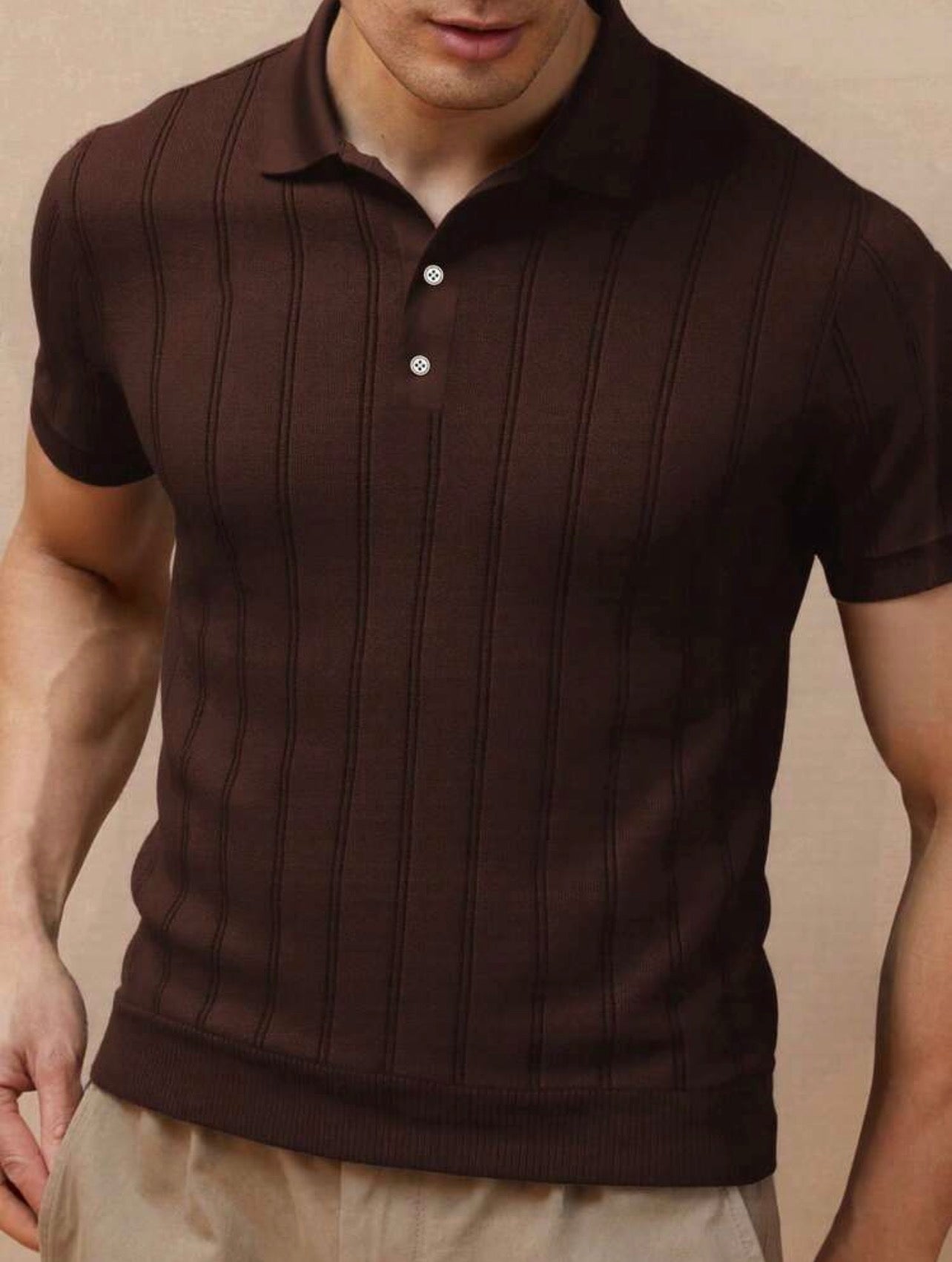 Men’s Ribbed Knit Polo Neck Short Sleeve Top – Casual Daily Wear Shirt