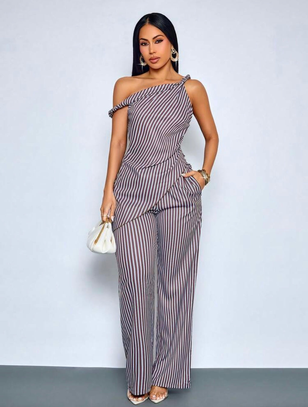 Chic Striped Asymmetrical One-Shoulder Blouse & Wide-Leg Pants Two-Piece Set for Women