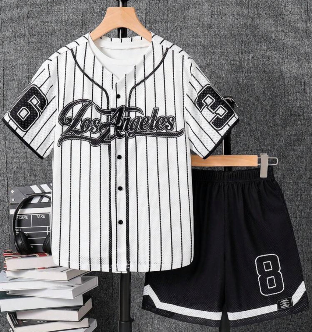 Tween Boys Letter Print Striped Shirt and Shorts Casual Sports Outfit Set