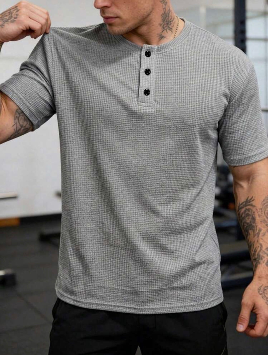 Men’s Waffle Knit Henley Collar Button Casual Polo Shirt – Relaxed Fit Short Sleeve Top