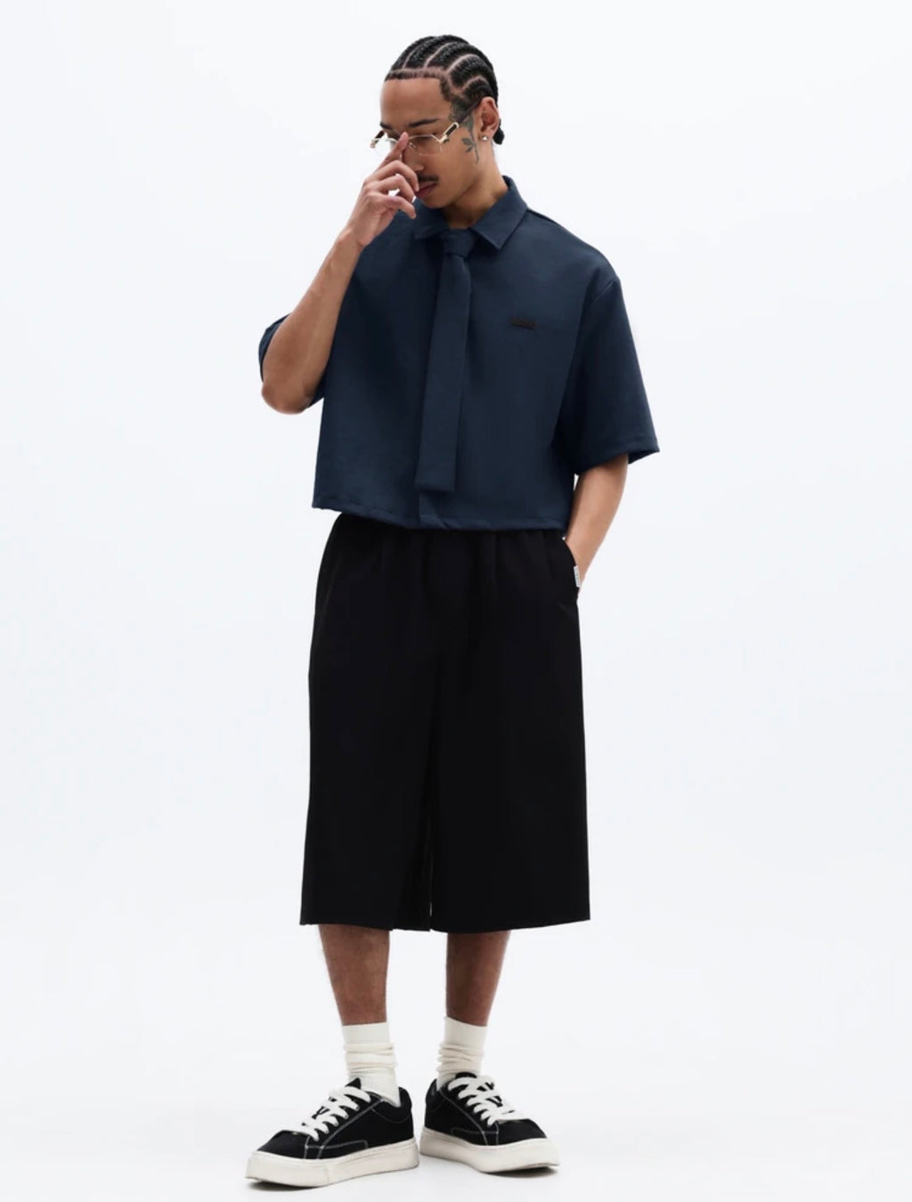 Men’s Cropped Button-Down Short Sleeve Shirt with Tie Detail – Casual Business Top