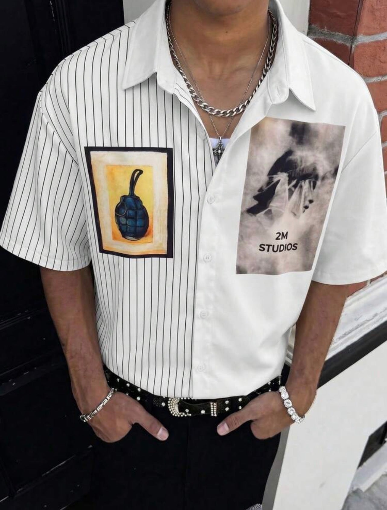 Men’s Two-Tone Striped Camp Collar Short Sleeve Shirt – Oversized Graphic Streetwear Top
