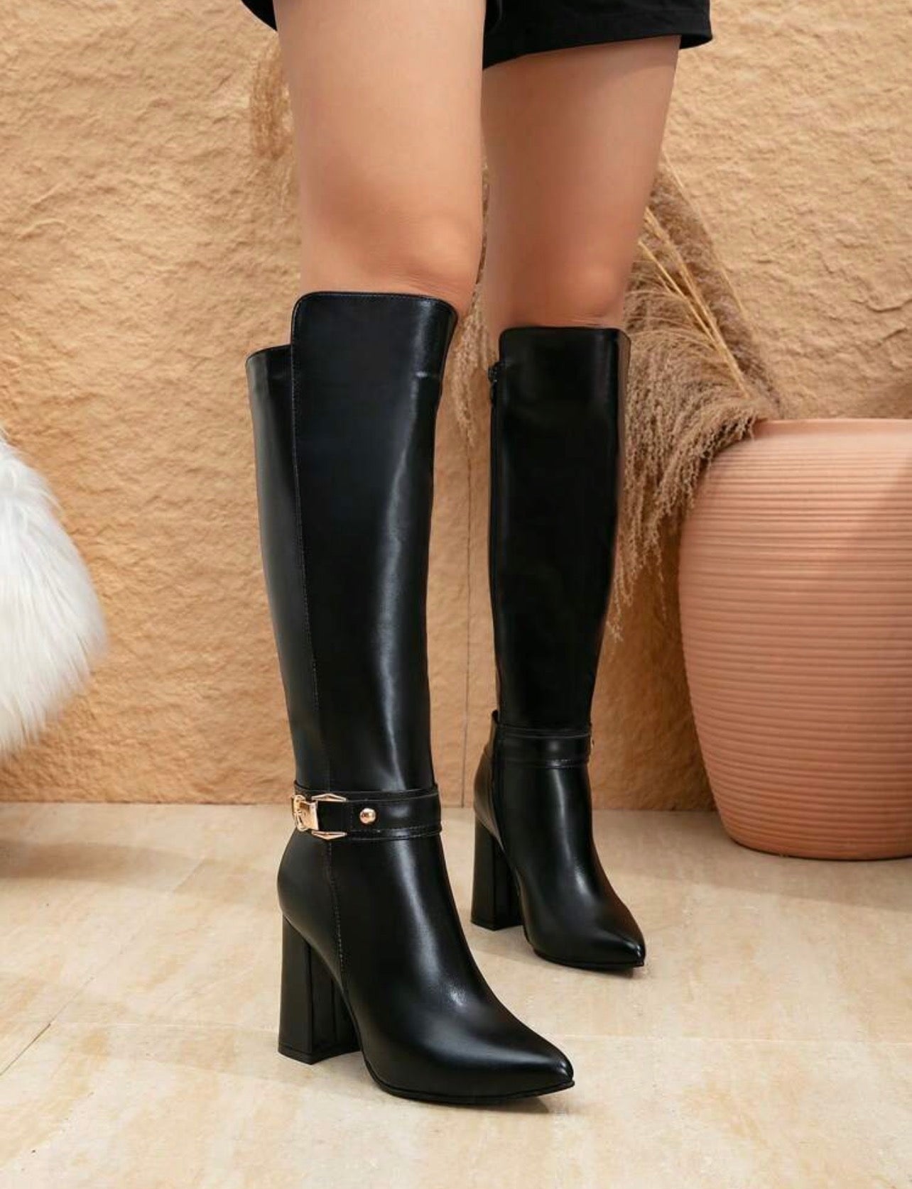 Women’s Brown Alligator Print Knee-High Boots with Pointed Toe & Block Heel