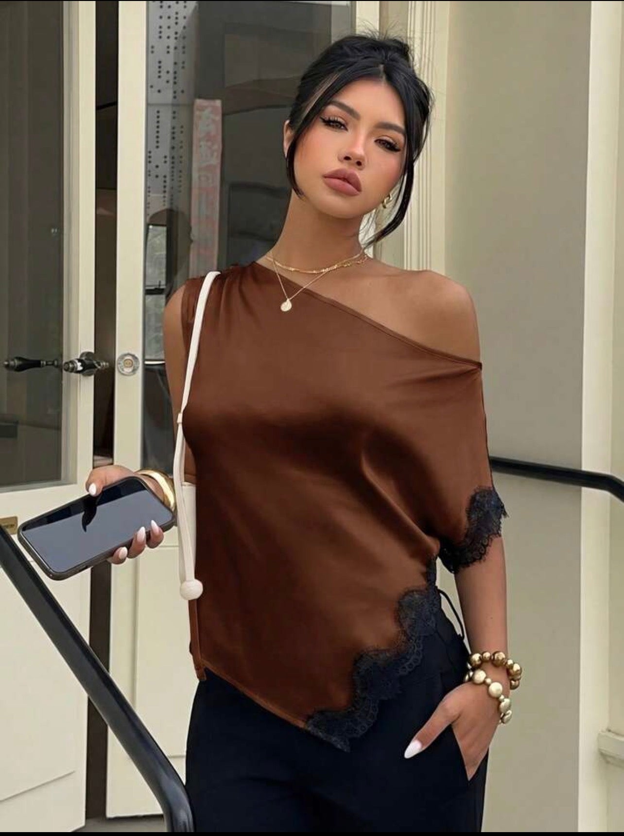 Elegant Satin Lace-Trim One-Shoulder Sleeveless Blouse for Women