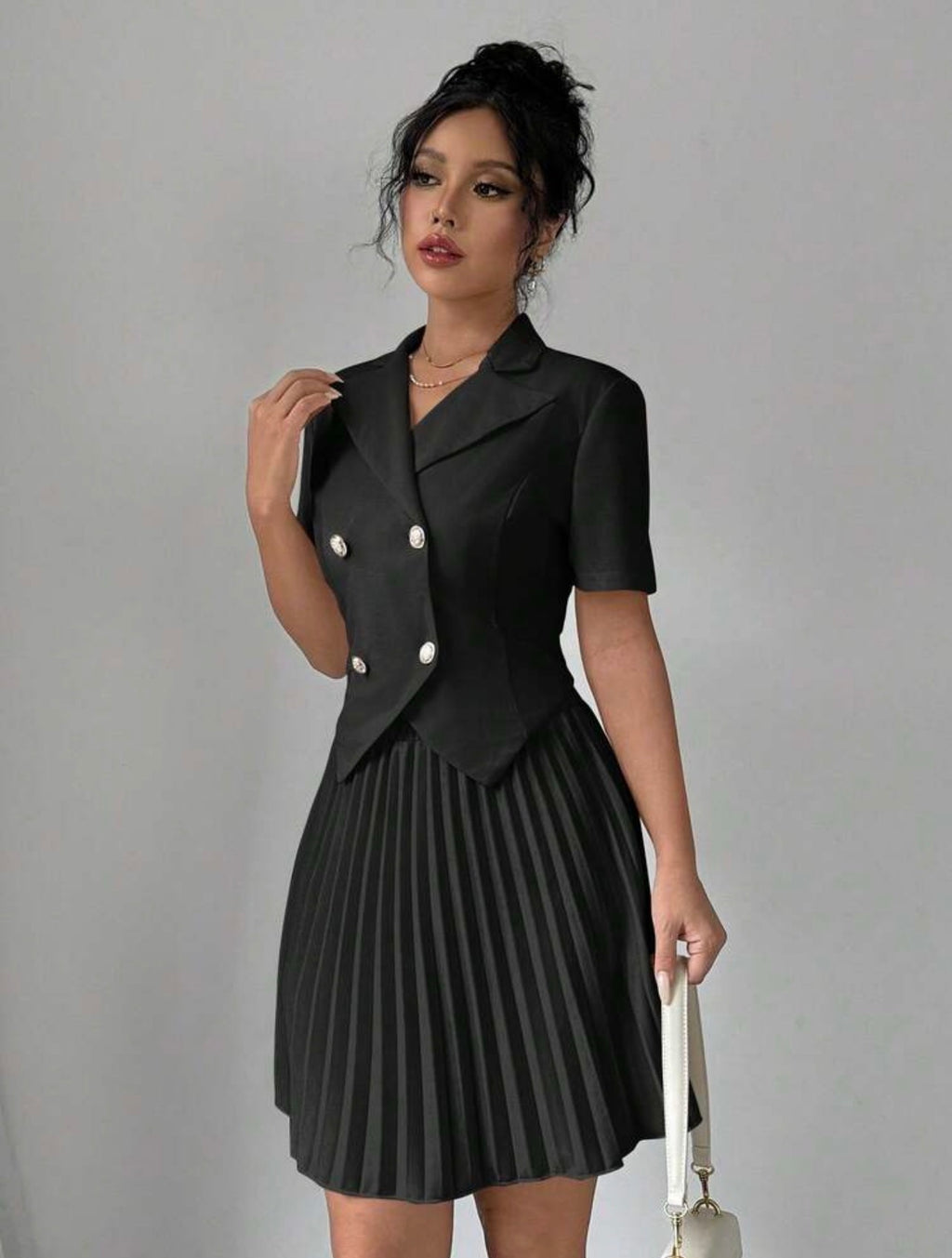 Women’s Double-Breasted Short Sleeve Top & Pleated Skirt Two-Piece Set