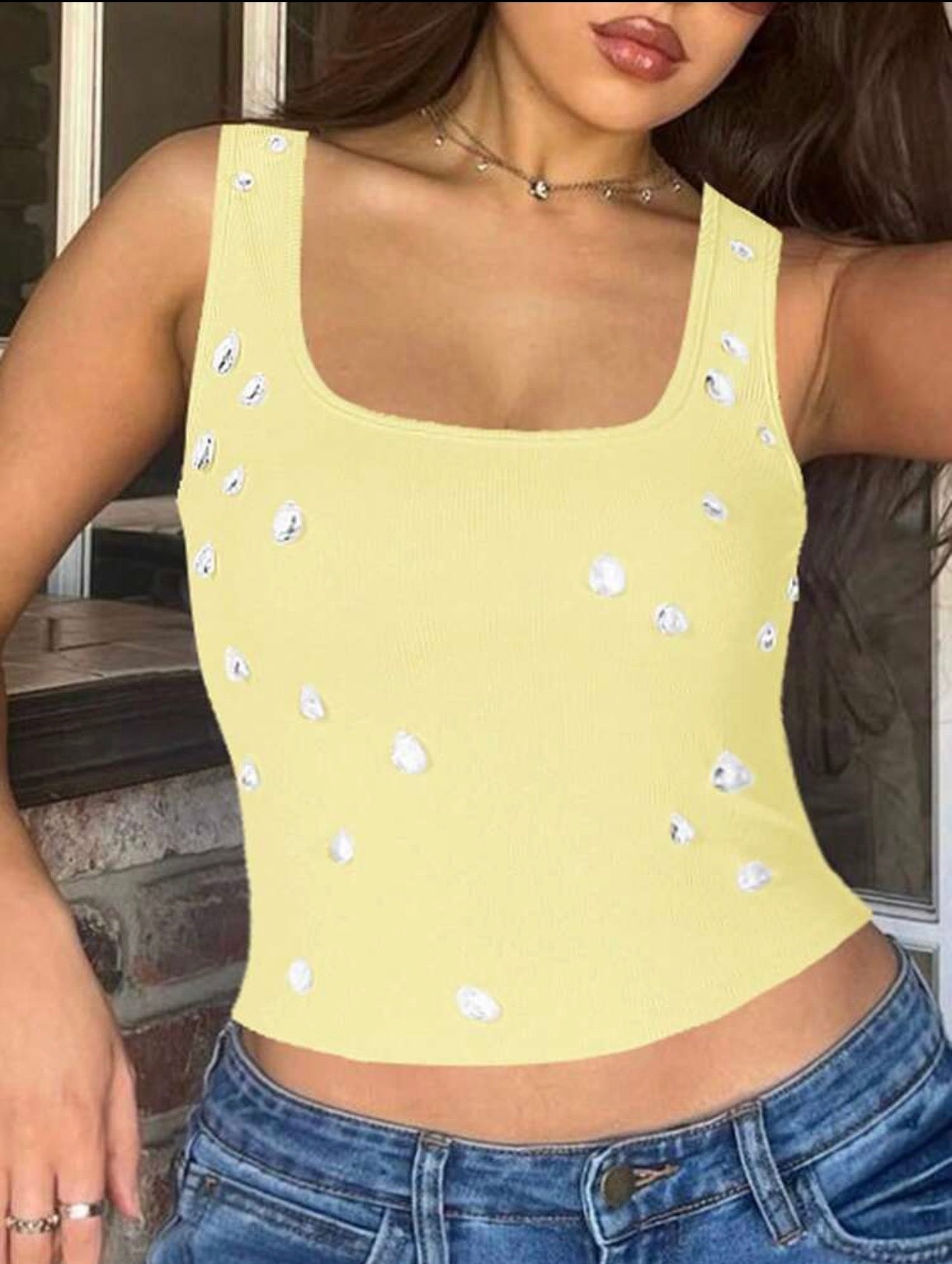 Women’s Cropped Ribbed Camisole Tank Top with Diamond Detail – Casual Summer Sleeveless Top