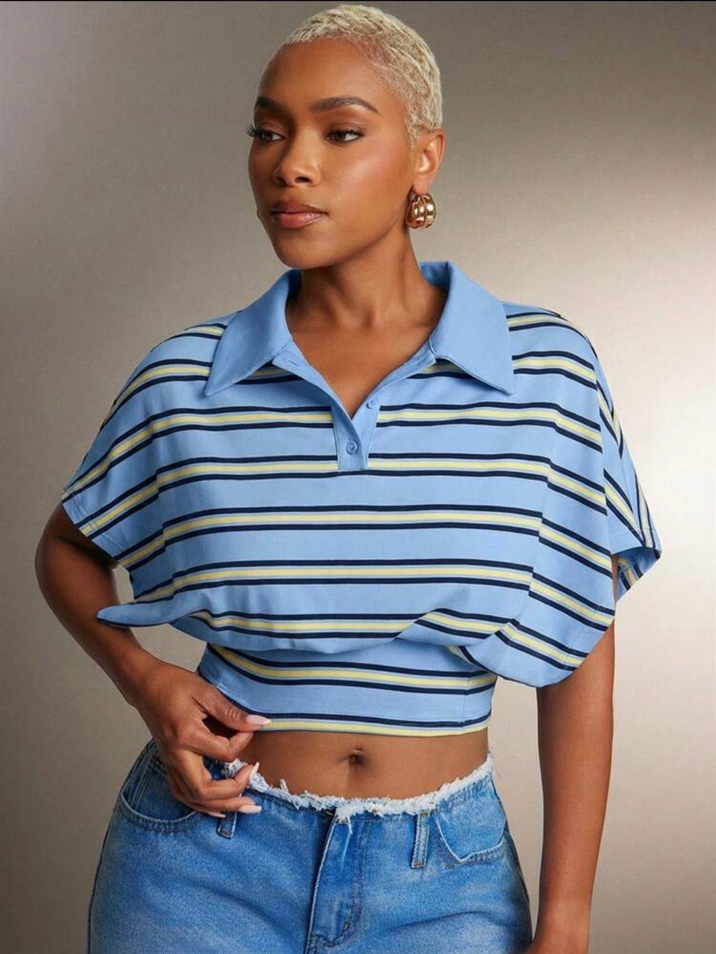 Women’s Cinched Waist Striped Polo Collar Top – Fashion Casual Shirt