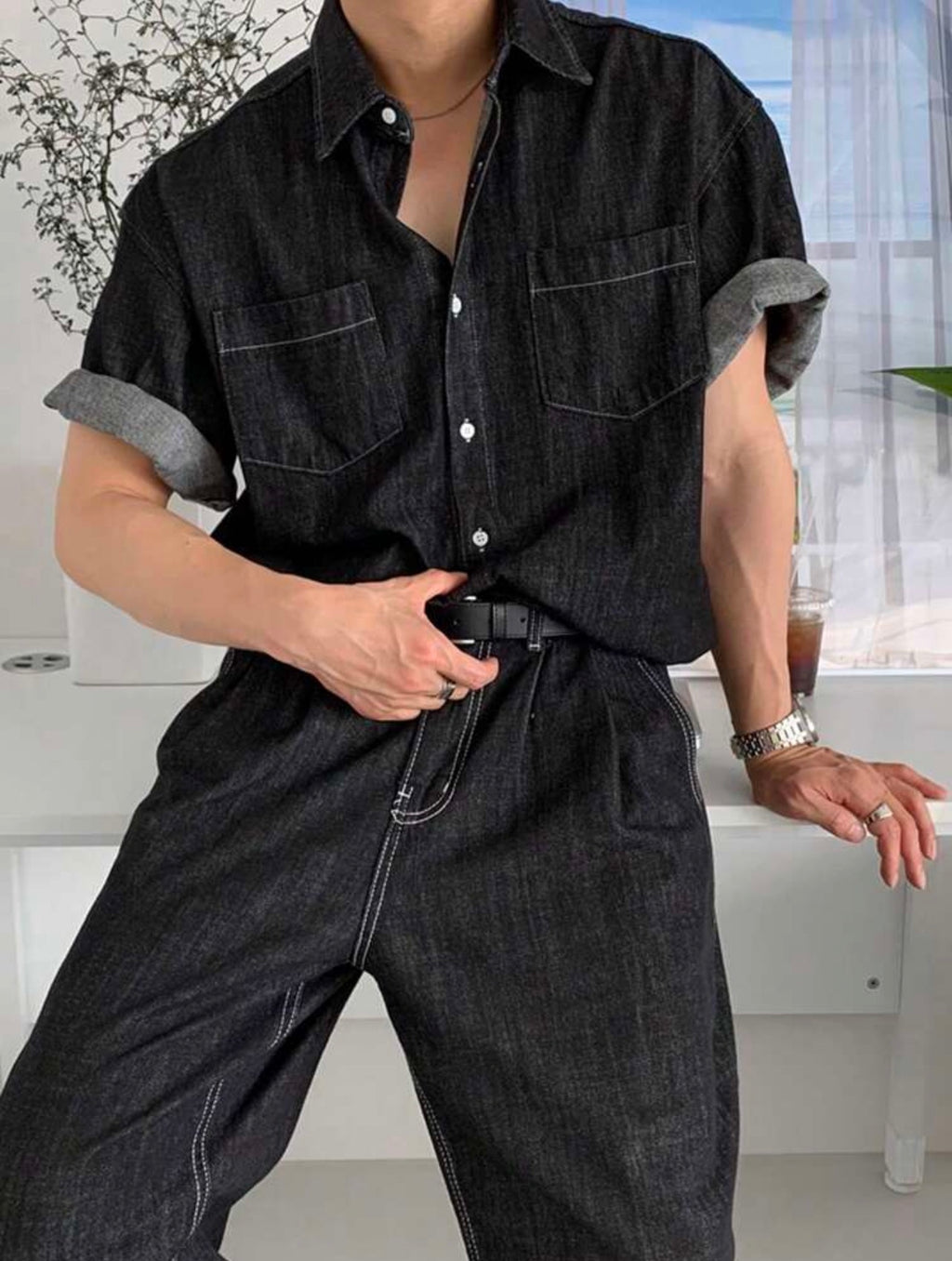 Men’s Solid Color Denim Two-Piece Suit – Casual Spring/Summer Outfit