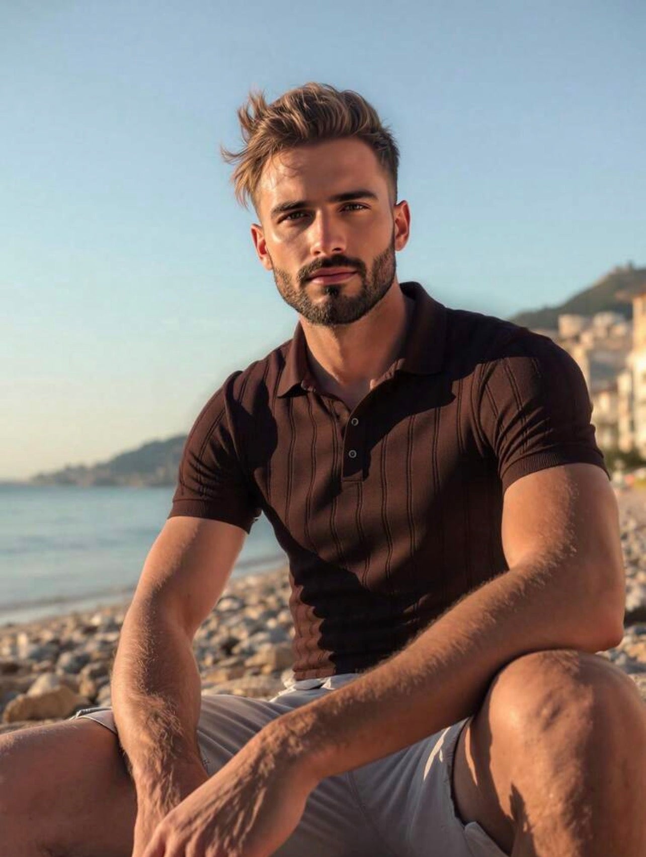 Men’s Ribbed Knit Polo Neck Short Sleeve Top – Casual Daily Wear Shirt