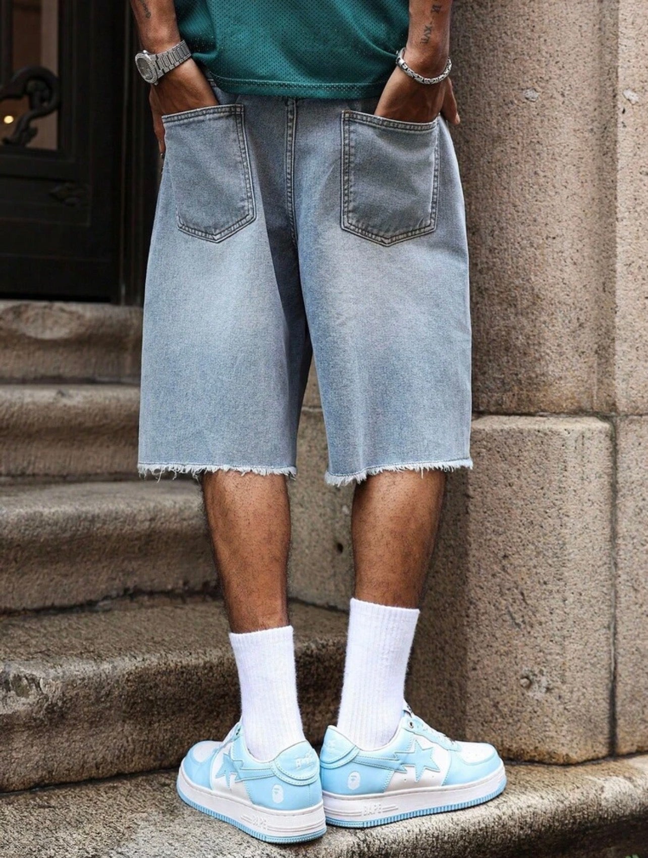 Men’s Distressed Waist Belt Wide Leg Denim Shorts – Casual Streetwear Bottoms