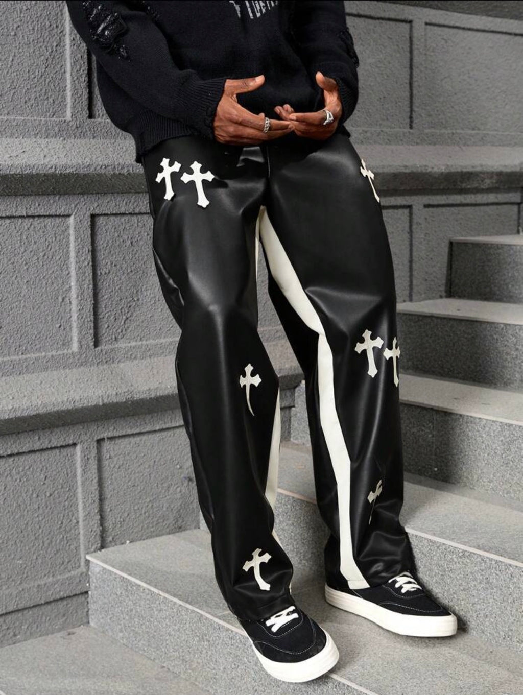 Men’s Cross Print Color Block PU Leather Baggy Pants – Casual Streetwear Trousers