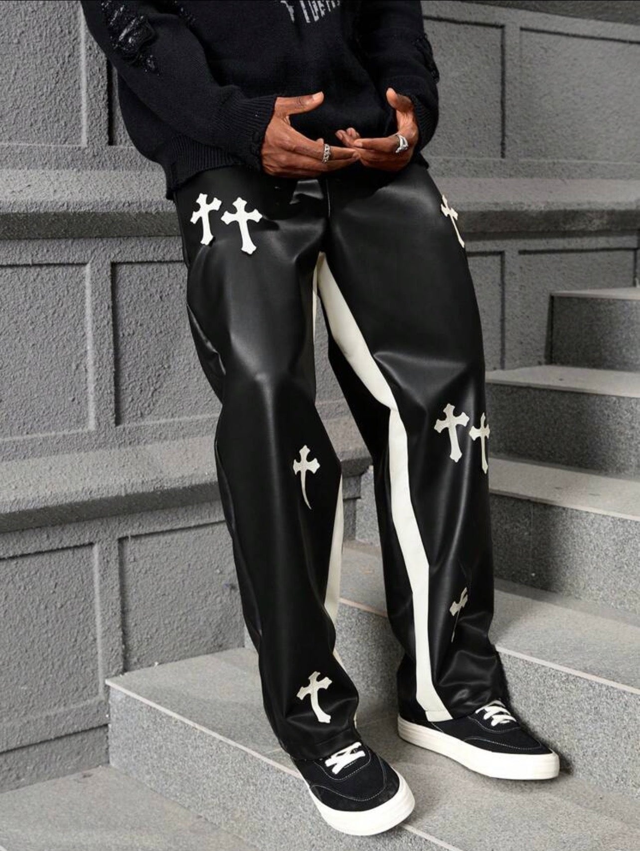 Men’s Cross Print Color Block PU Leather Baggy Pants – Casual Streetwear Trousers