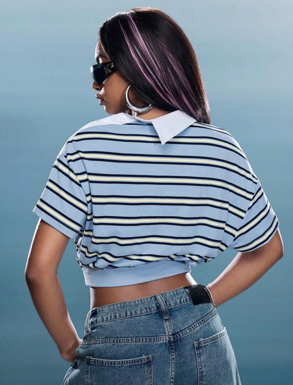 Women’s Asymmetrical Collar Striped Cropped Polo Top – Streetwear Fashion Shirt
