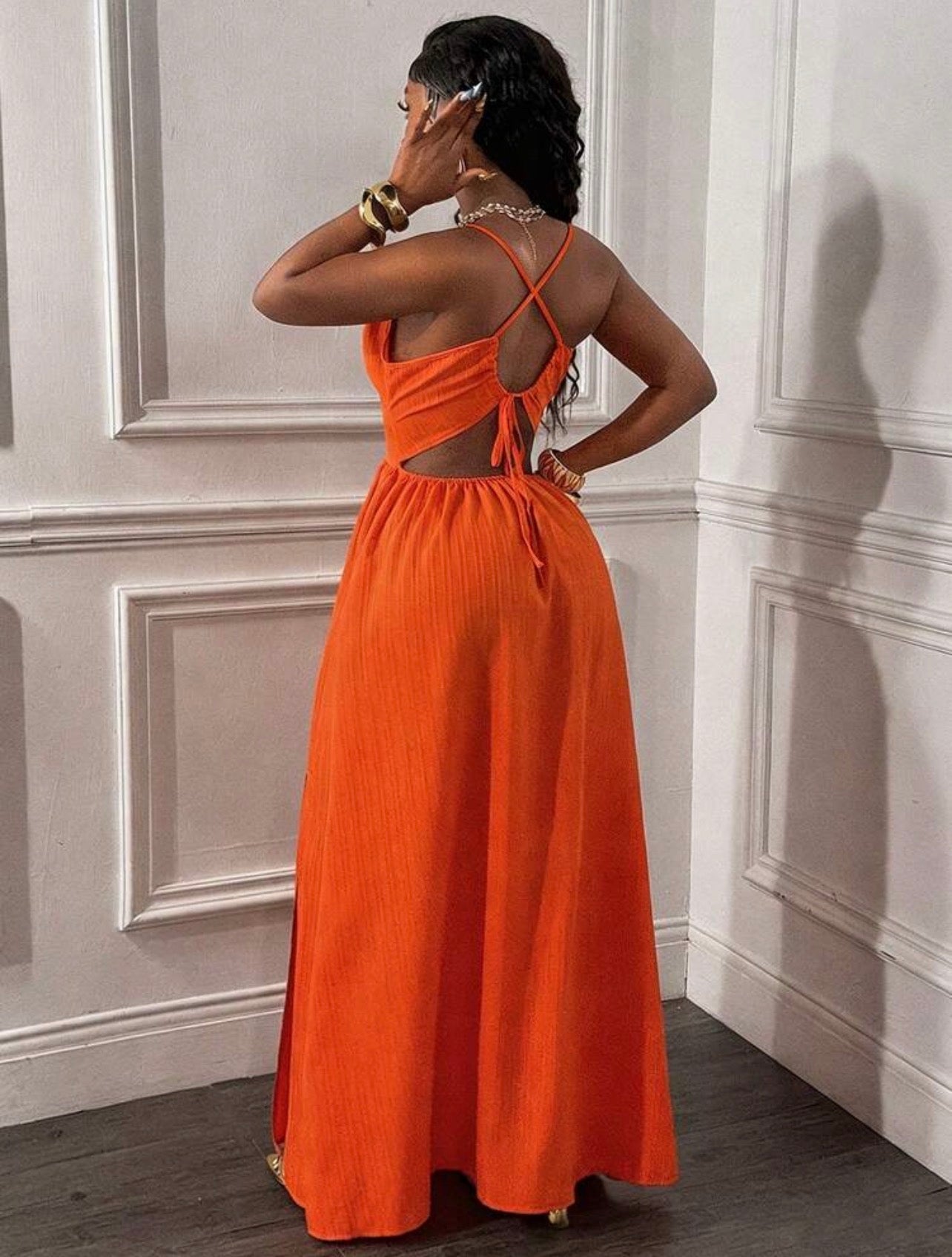 Women’s Spaghetti Strap Backless Criss-Cross High Slit Ruched Hem Dress