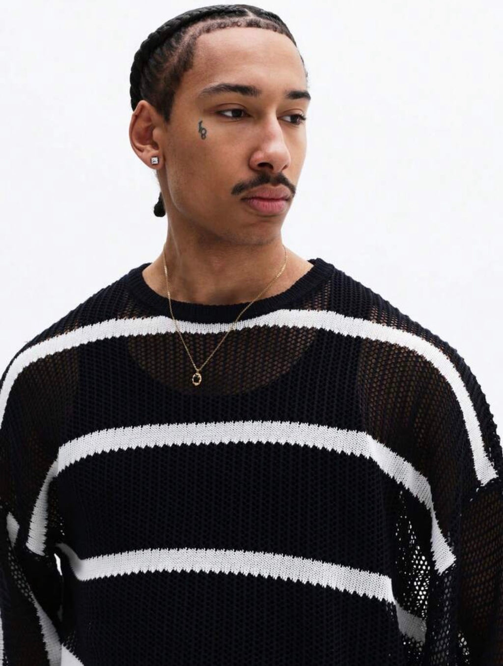 Men’s Horizontal Striped Mesh Knit Sweater – Long Sleeve Crew Neck Pullover