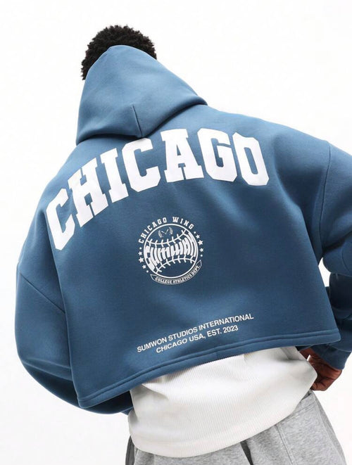 Drop Shoulder Oversized Pullover Hoodie with Embroidered Chicago Logo – Casual Streetwear