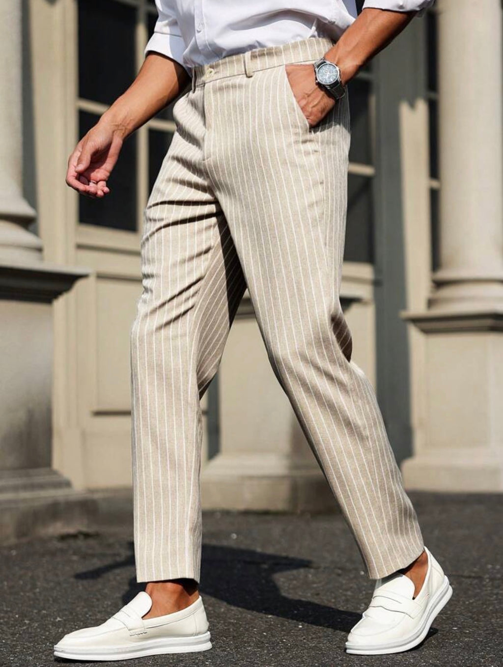 Men’s Striped Tapered Loose Fit Suit Pants with Pockets – Casual Formal Trousers