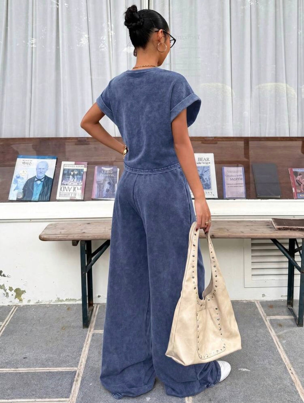 Women’s Vintage Washed Embroidered Loose T-Shirt & Wide Leg Pants Two-Piece Set