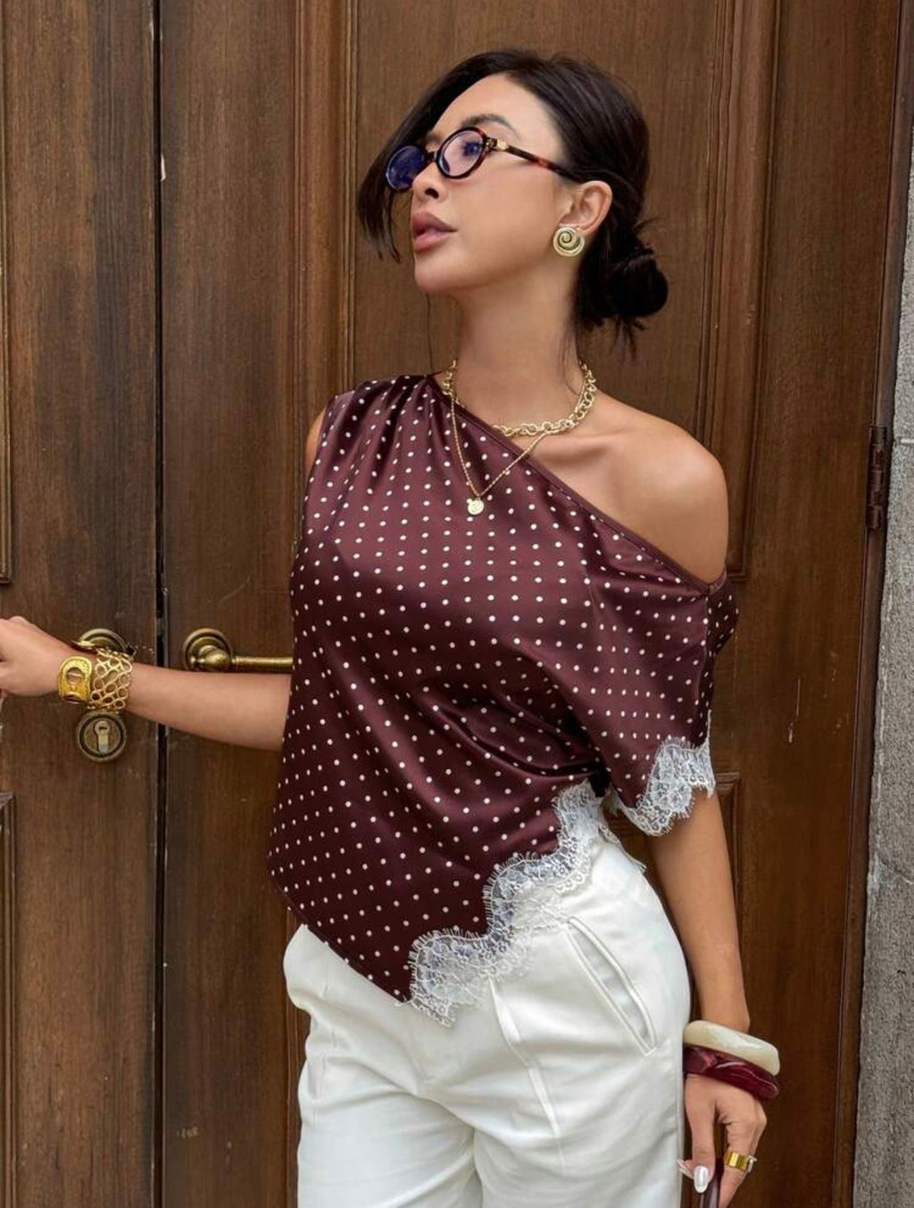 Elegant Satin Lace-Trim One-Shoulder Sleeveless Blouse for Women